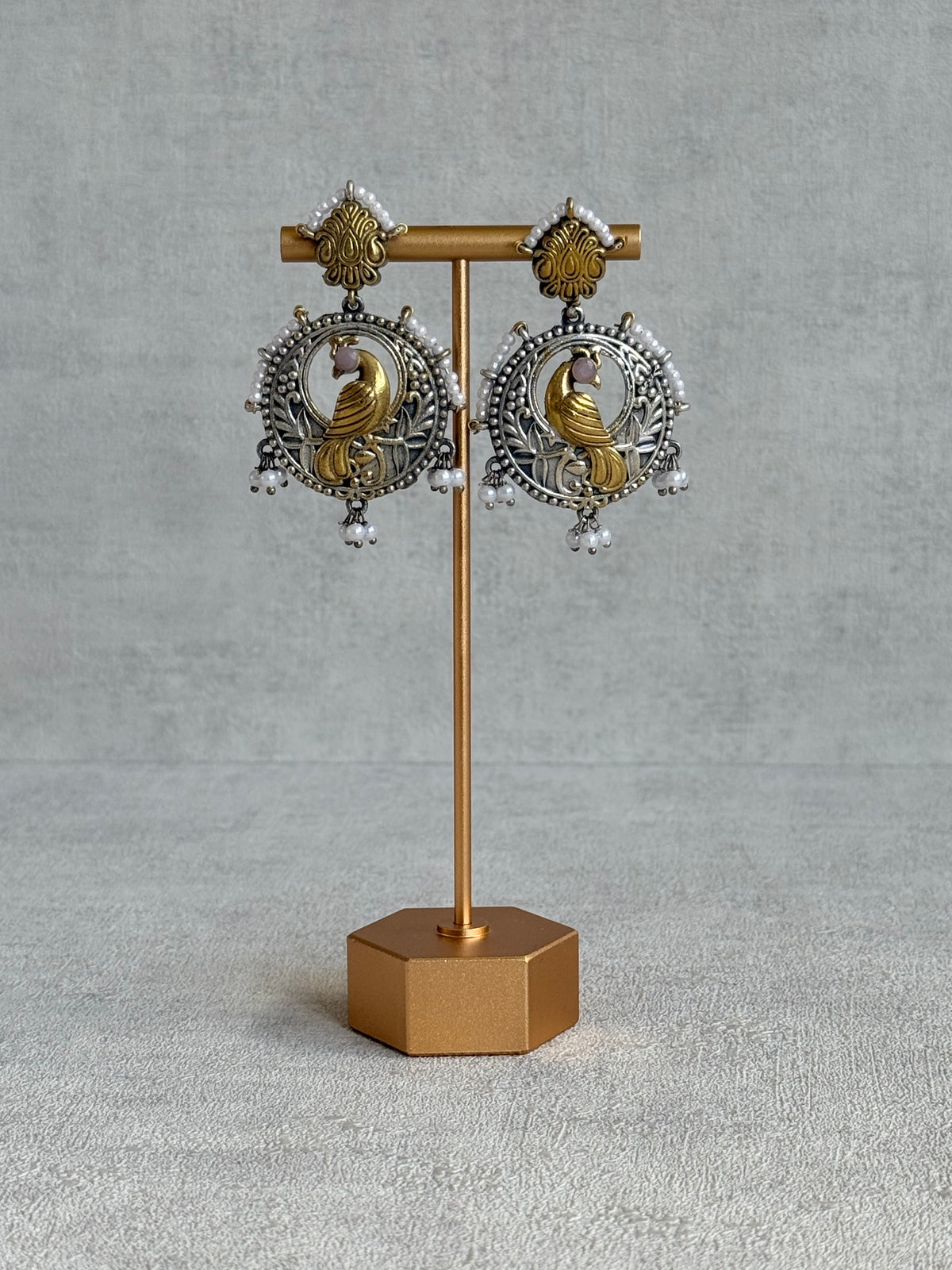 Ayura Designs Dilara Earrings – Oxidised Peacock Earrings with Pearl Detailing & Dual Tone Finish