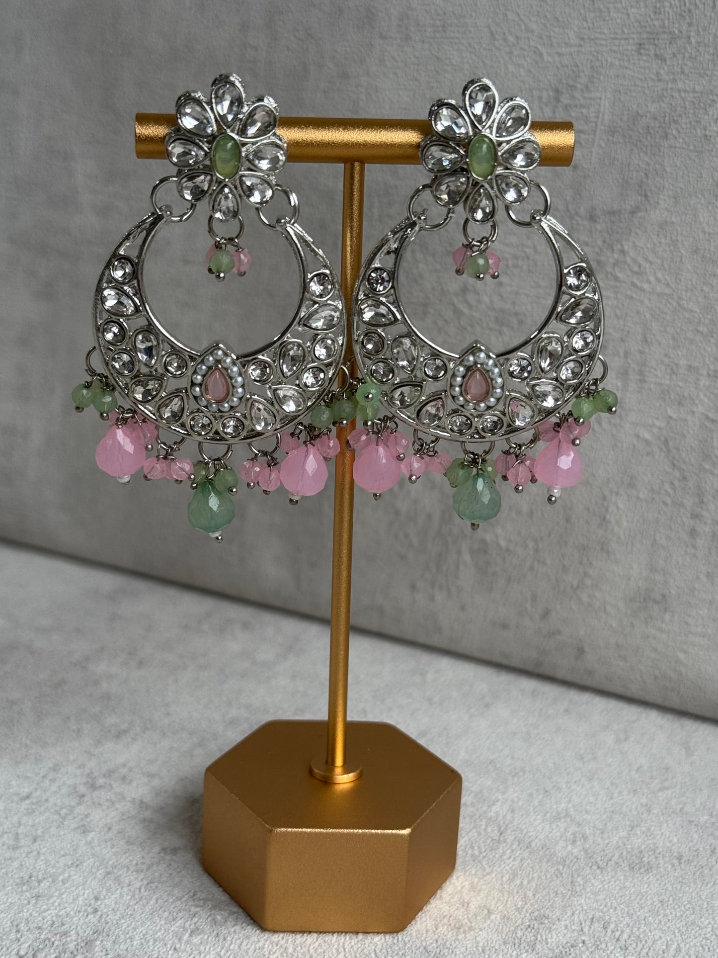 Ayura Designs Sara Set Earrings & Tikka - Exquisite Silver Adornments with Studded Polki Stones & Pink & Green Beads