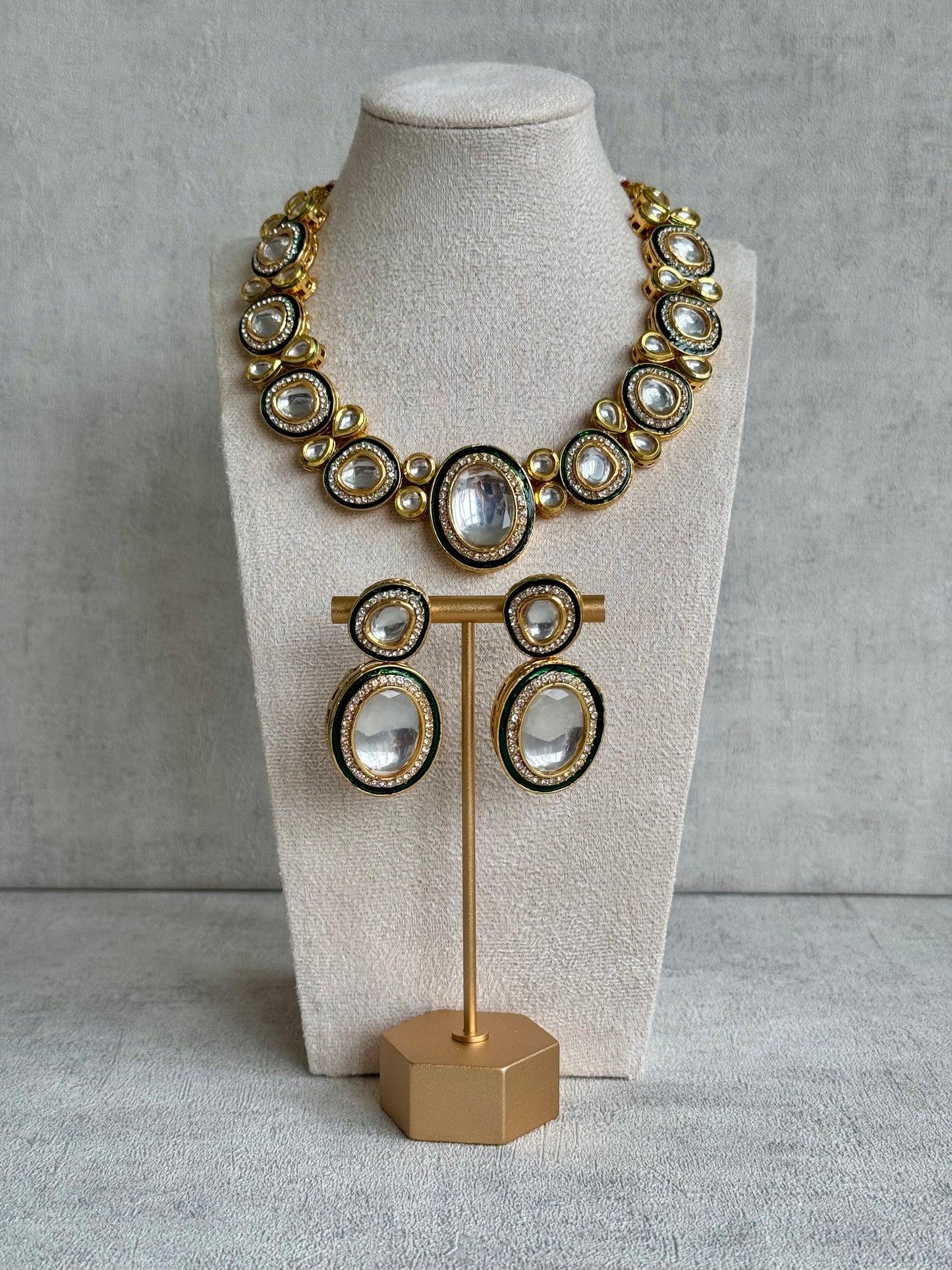 Ayura Designs Sahiba Set – Gold and Emerald Green Kundan Necklace with Oversized Oval Stones and Matching Drop Earrings