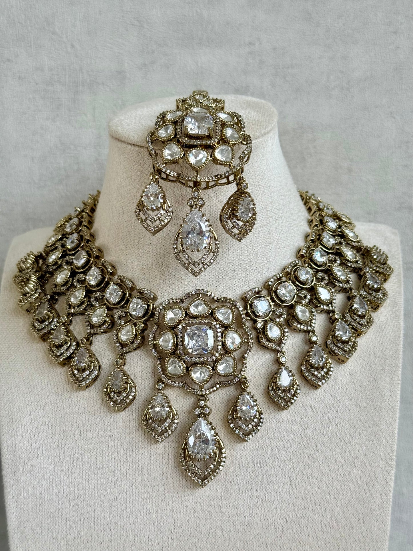 Ayura Designs Kiyah Bridal Set with Necklace, Earrings & Tikka – Moissanite Stones with Antique Gold Finish