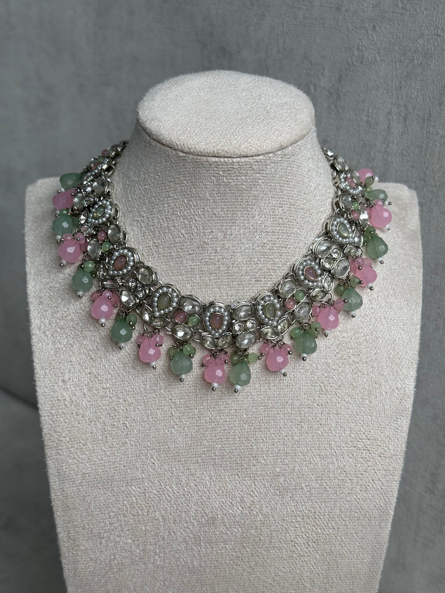 Ayura Designs Sara Set Earrings & Tikka - Exquisite Silver Adornments with Studded Polki Stones & Pink & Green Beads