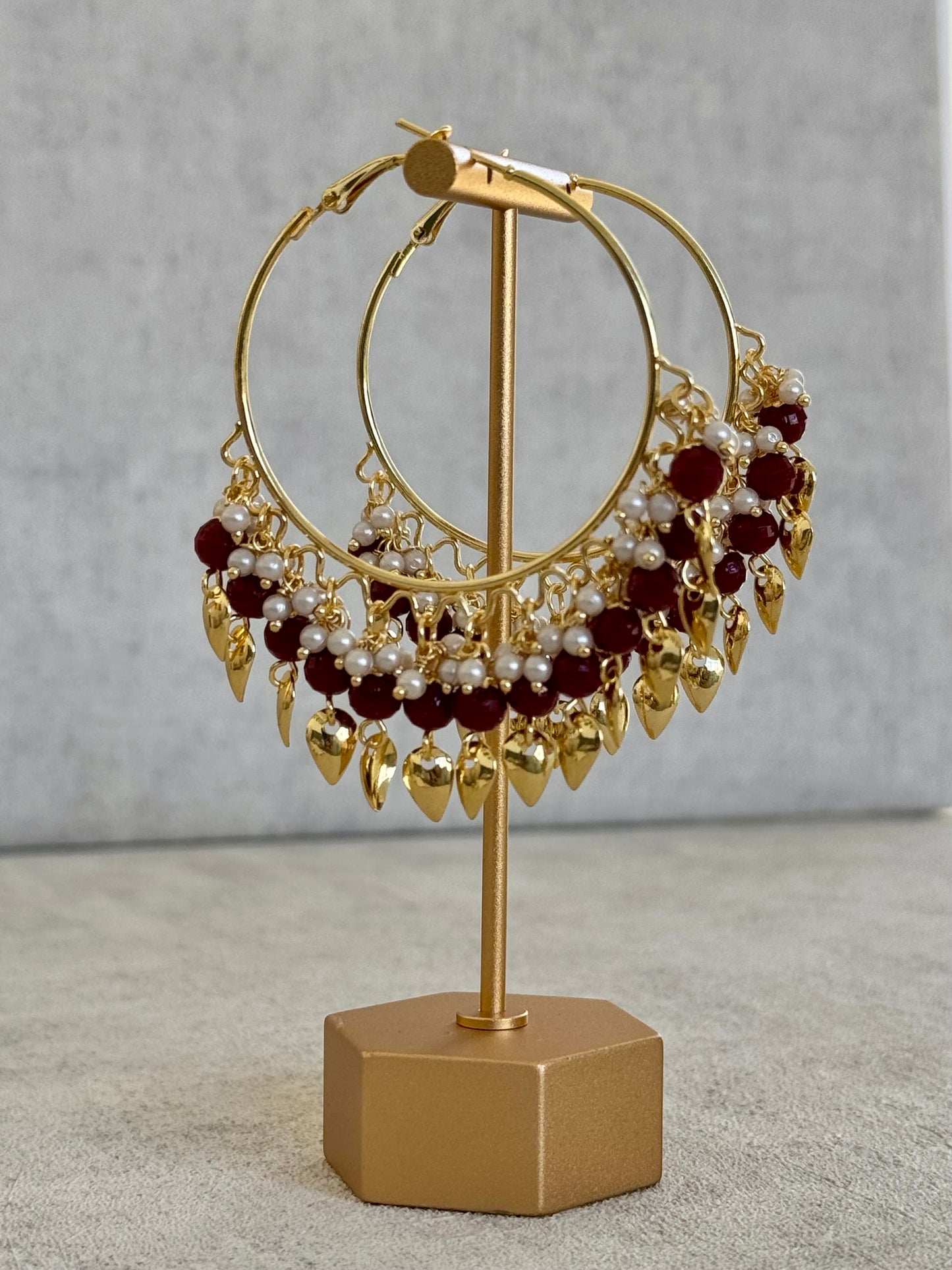 Ayura Designs Riwaaz Bali – Ruby Red Beaded Hoops with Gold Leaf Charms