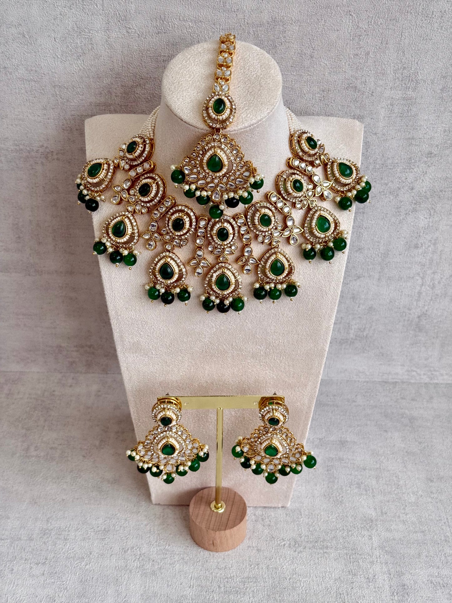 Ayura Designs Janvi Set with Necklace, Earrings & Tikka – Kundan Detailing, Emerald Green Beads & Pearls Drops