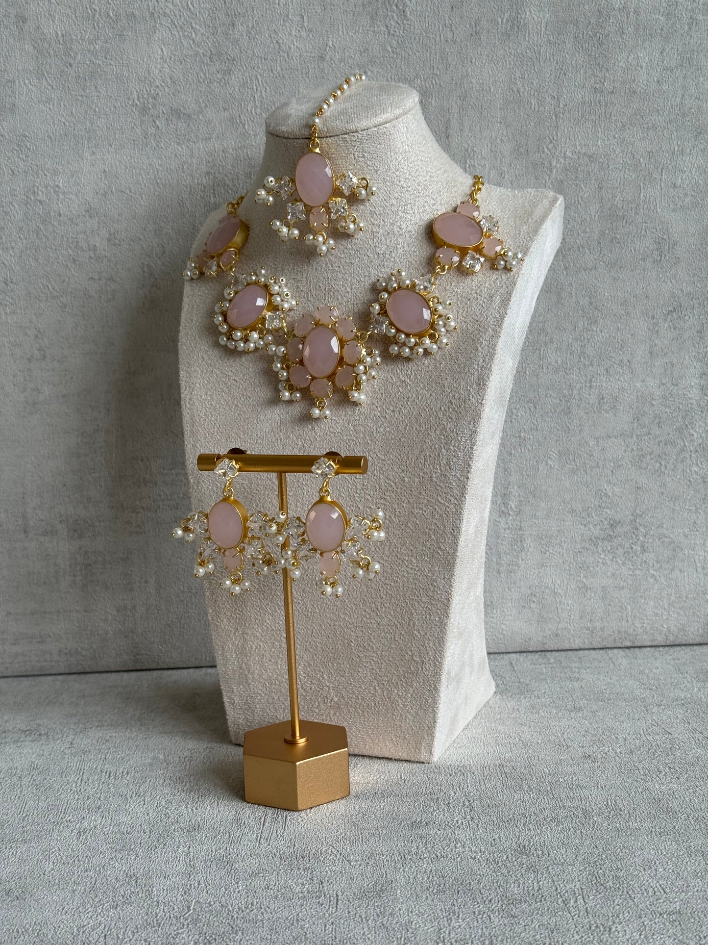 Ayura Designs Parisa Set with Tikka & Earrings – Rose Quartz, Crystals & Pearls