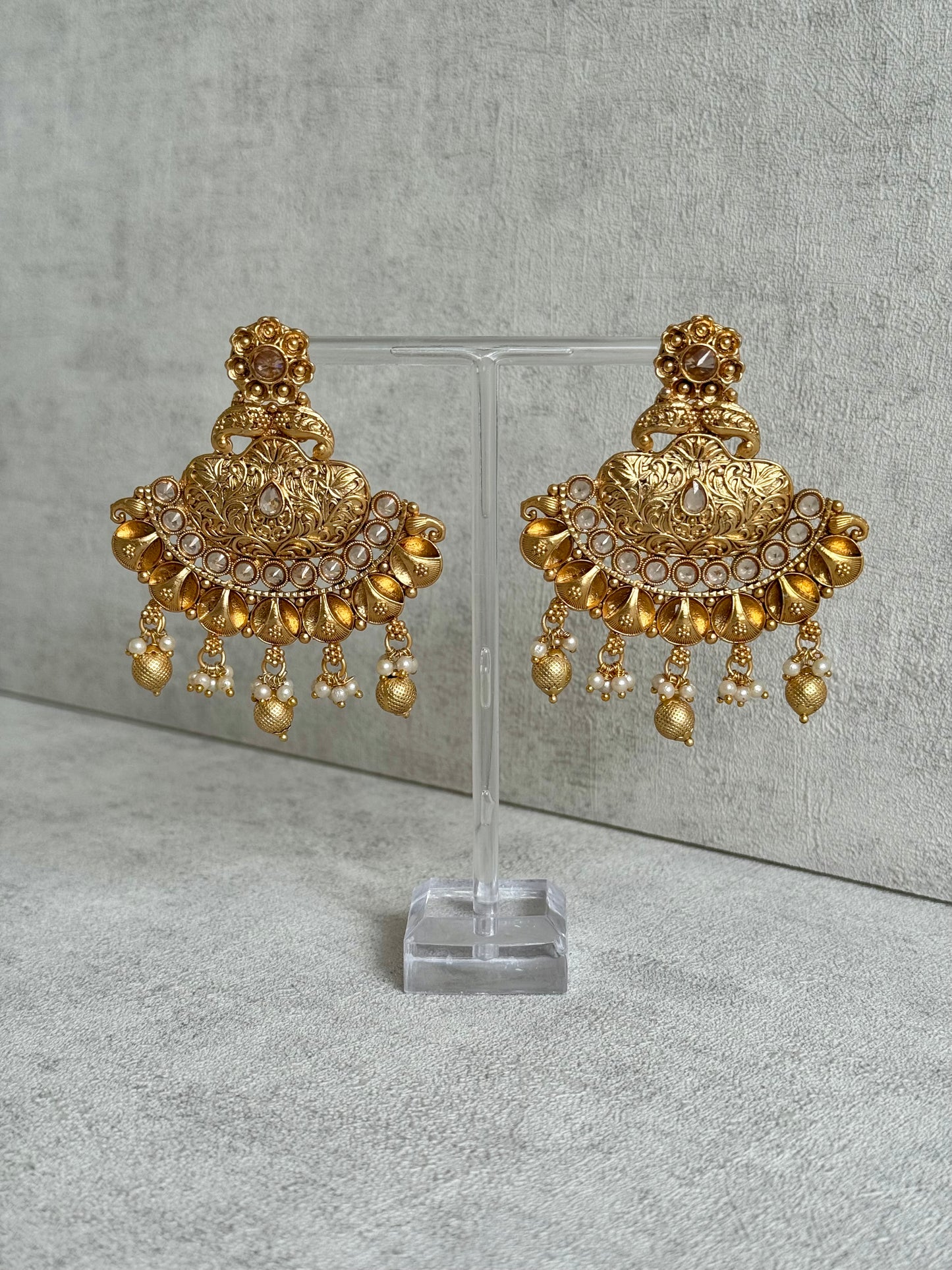 Ayura Designs Neera Earrings in Antique Gold with Mirror-Cut Polki & Pearls