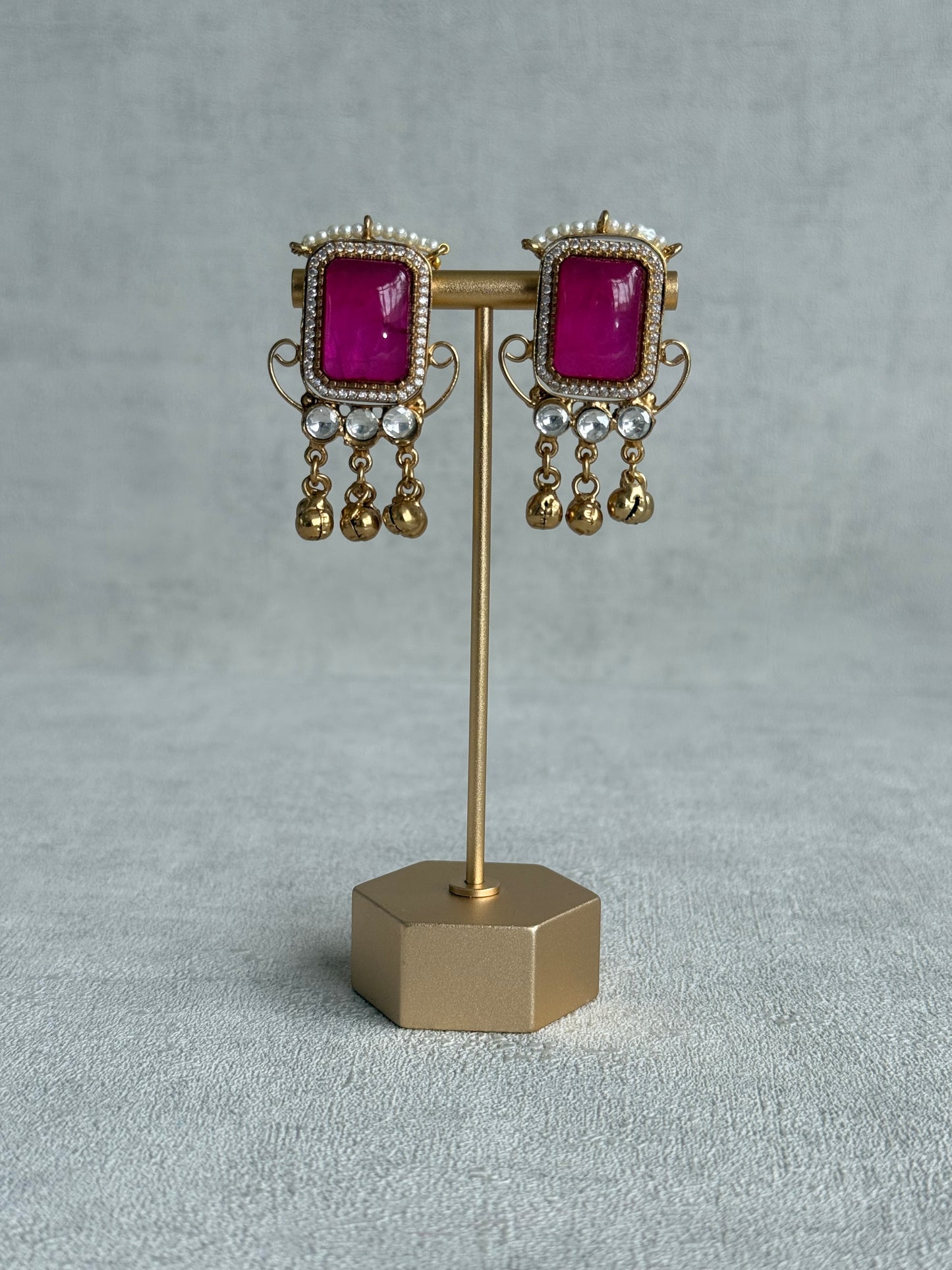 Ayura Designs Aleena Earrings – Rani Pink Stone Stud Earrings with Pearls & Ghungroo Detailing