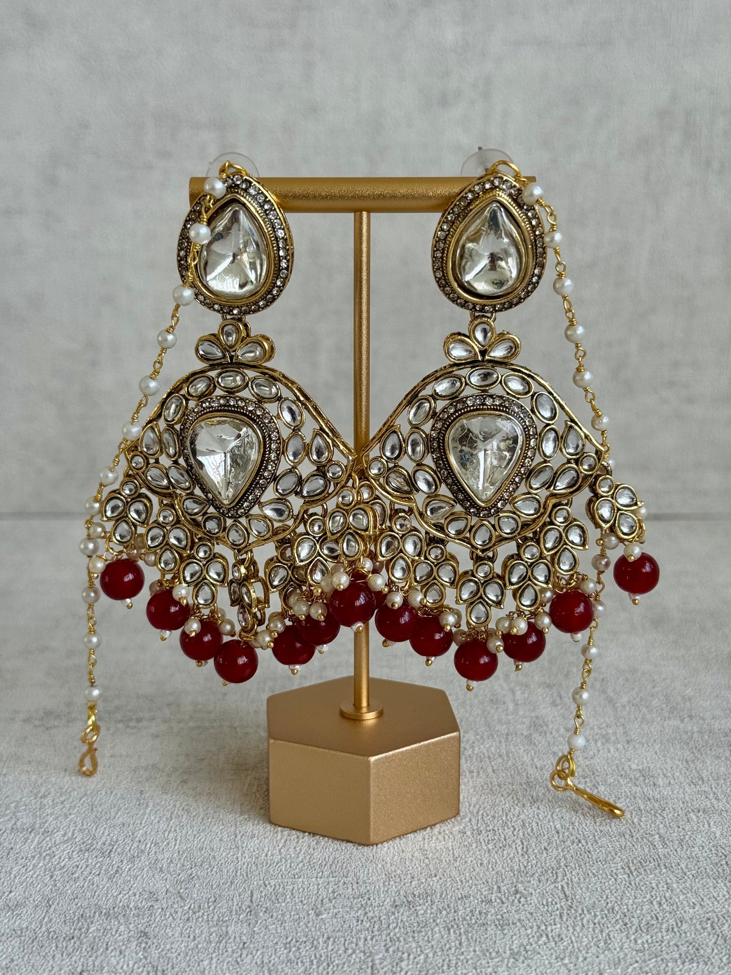 Ayura Designs Gulbahar Bridal Set with Necklace, Jhumkis, Tikka, Nath, Ring & Sheeshphool – Jadau Kundan Craftsmanship with Mirror-Cut Polki, Red Beads & Antique Gold Finish