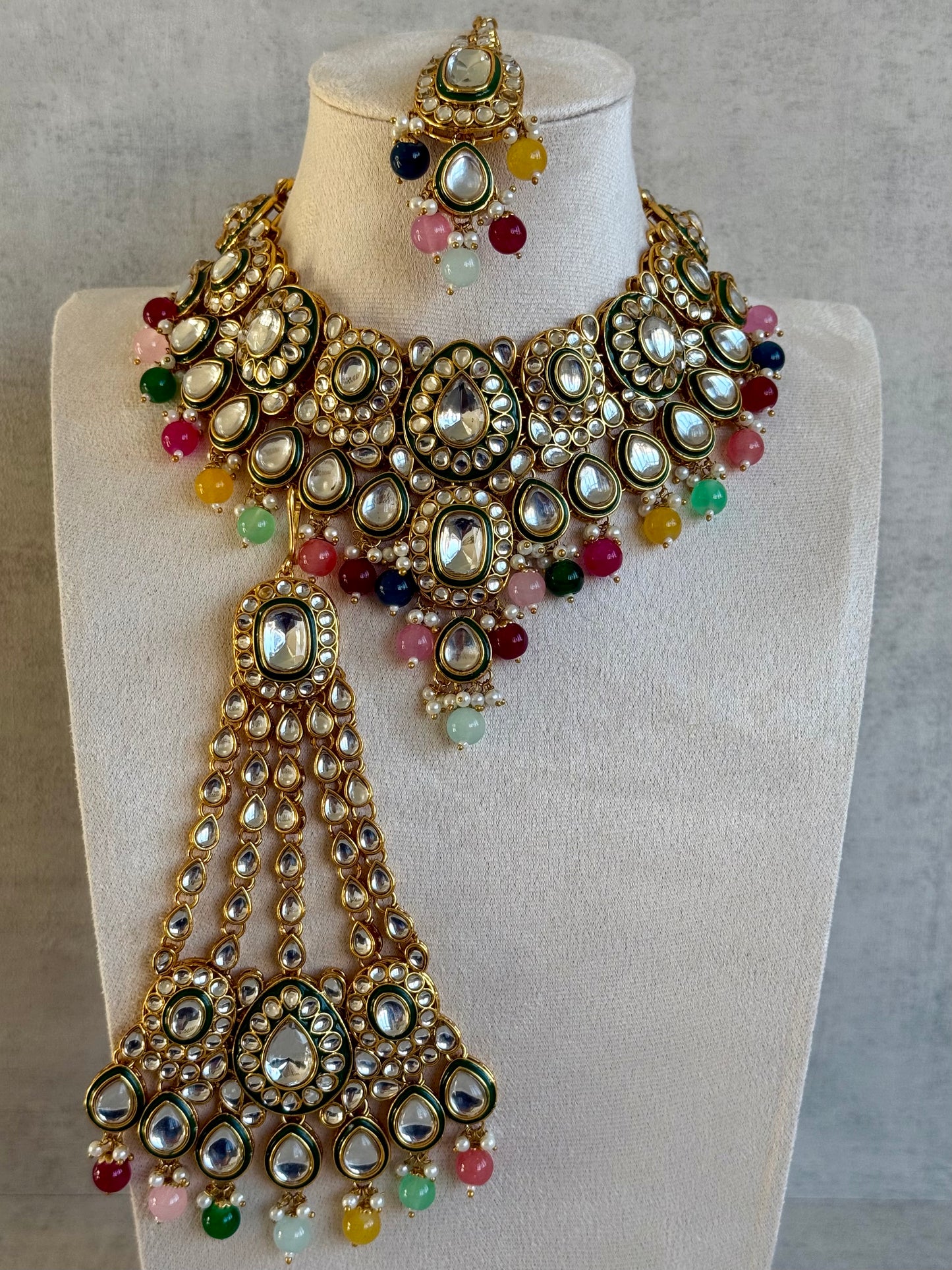 Ayura Designs Jashan Set with Necklace, Earrings, Tikka & Passa – Kundan Detailing, Pearl Drops & Multicolour Beads