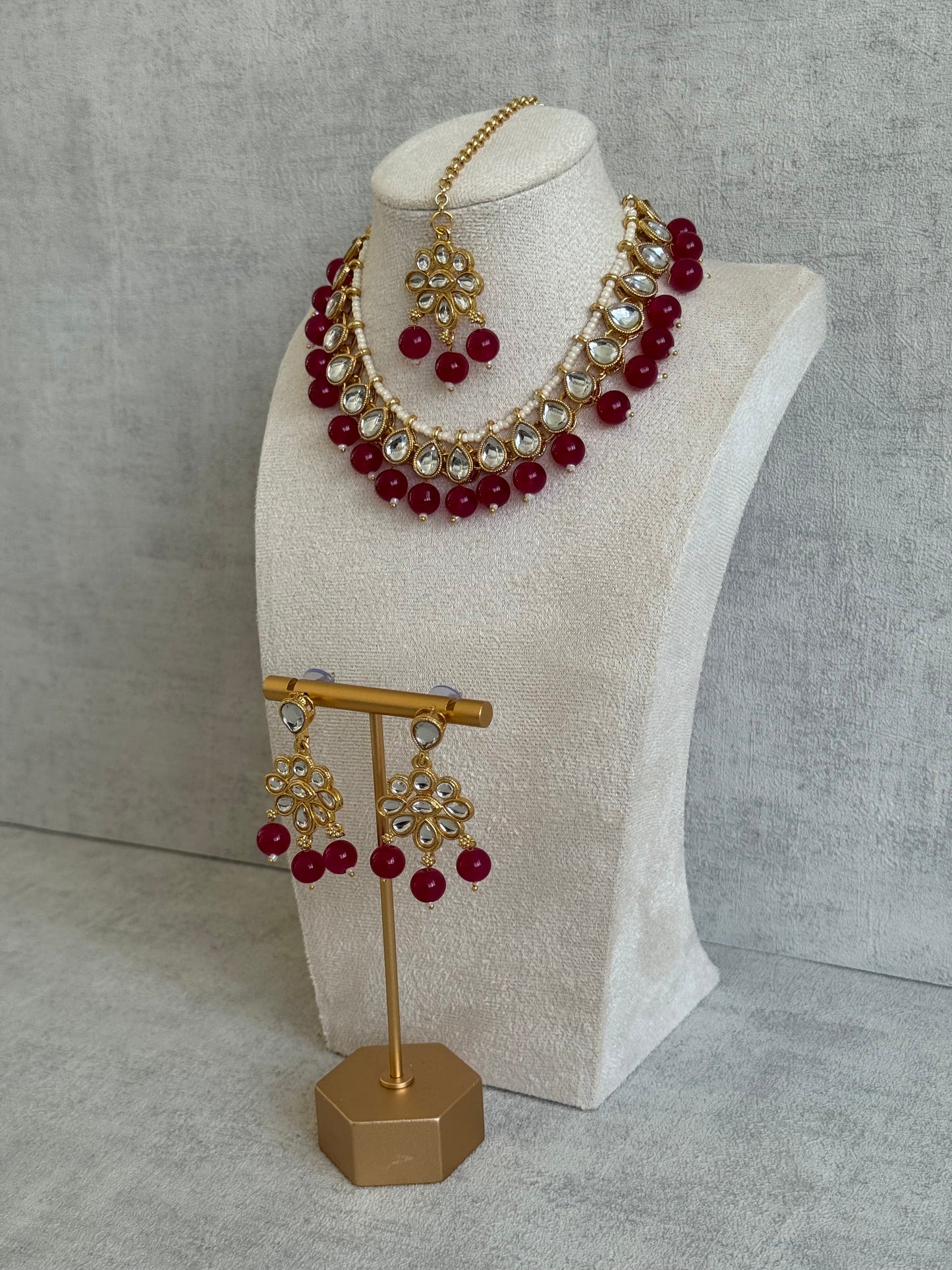 Ayura Designs Dalia Set with Earrings & Tikka – Magenta with Kundan & Floral Motifs