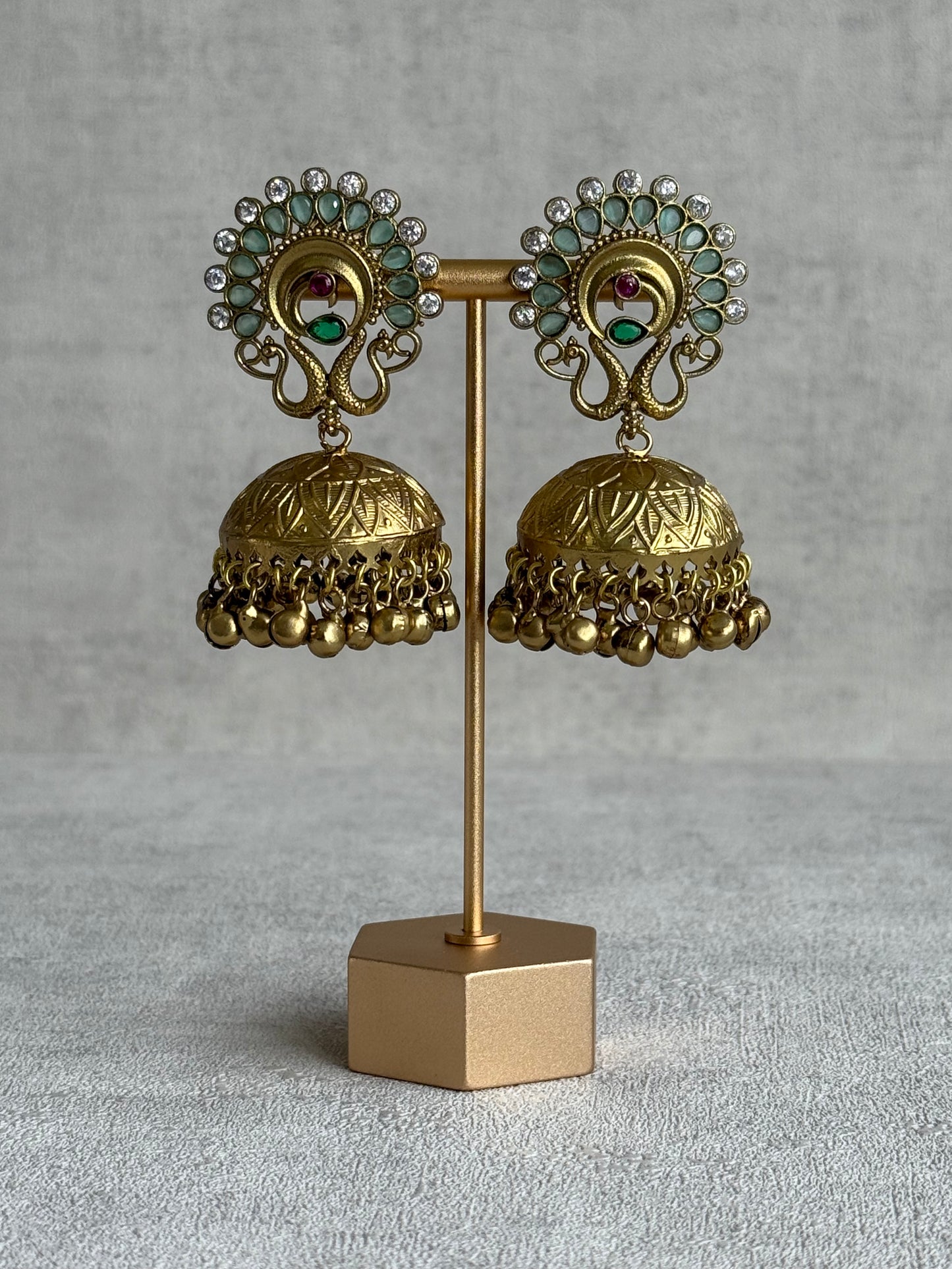 Ayura Designs Moraya Jhumkis – Mint Green Peacock Motif with Antique Gold Detailing