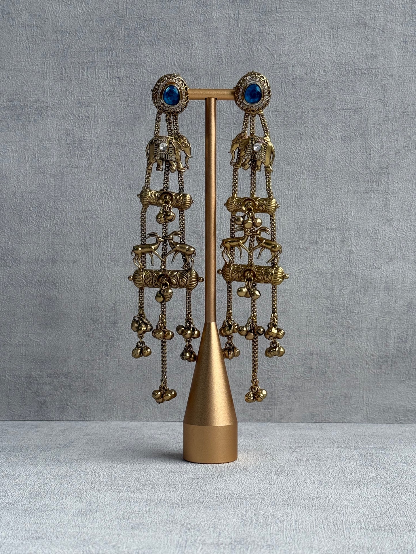 Ayura Designs Sonal Earrings – Antique Gold Dangler Earrings with Elephant & Deer Motifs, Blue Stone Tops & Ghungroo Detailing