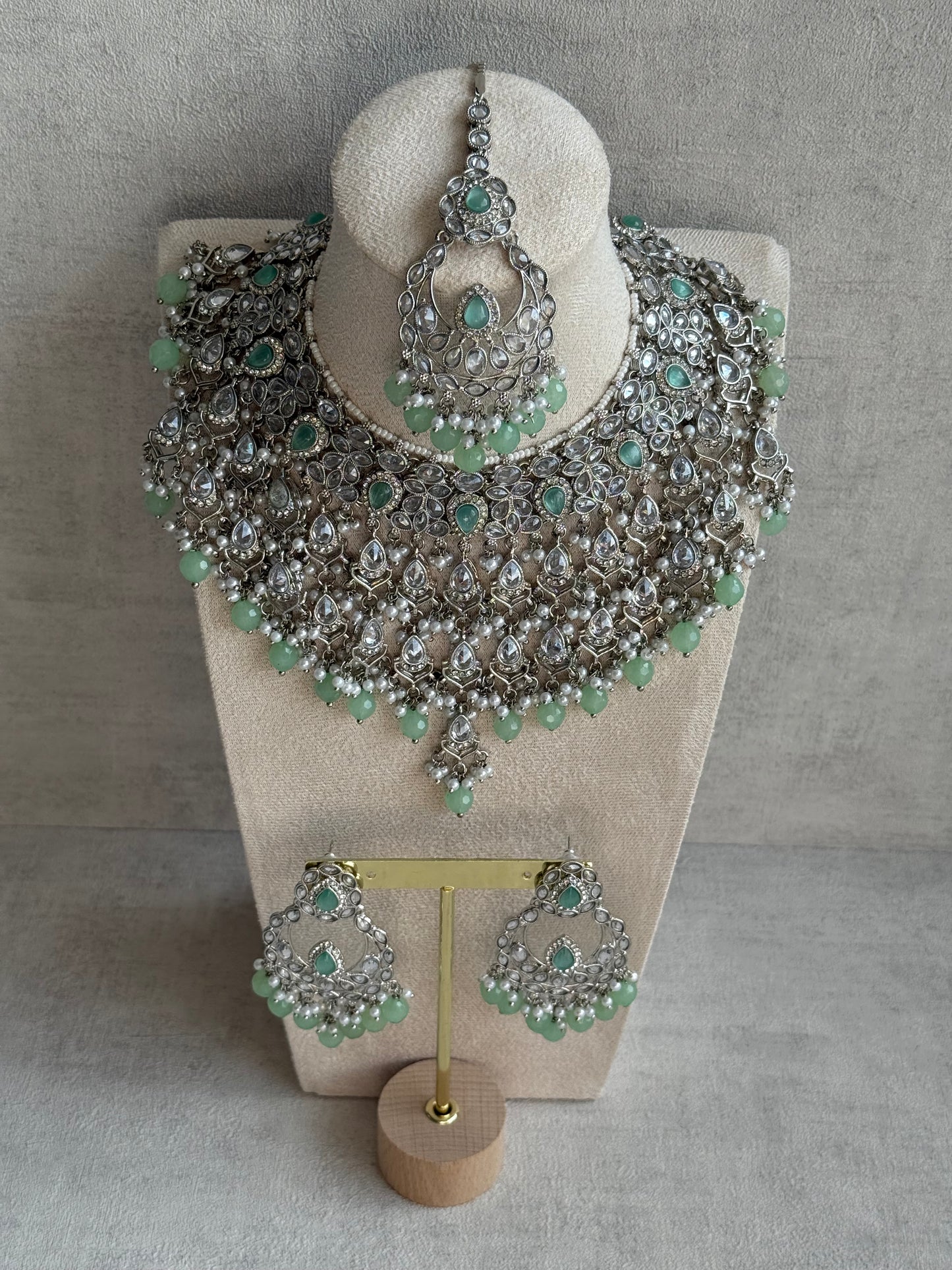 Ayura Designs Eknoor Set – Necklace, Tikka & Earrings with Pistachio Green Beads, Pearls and Silver Finish