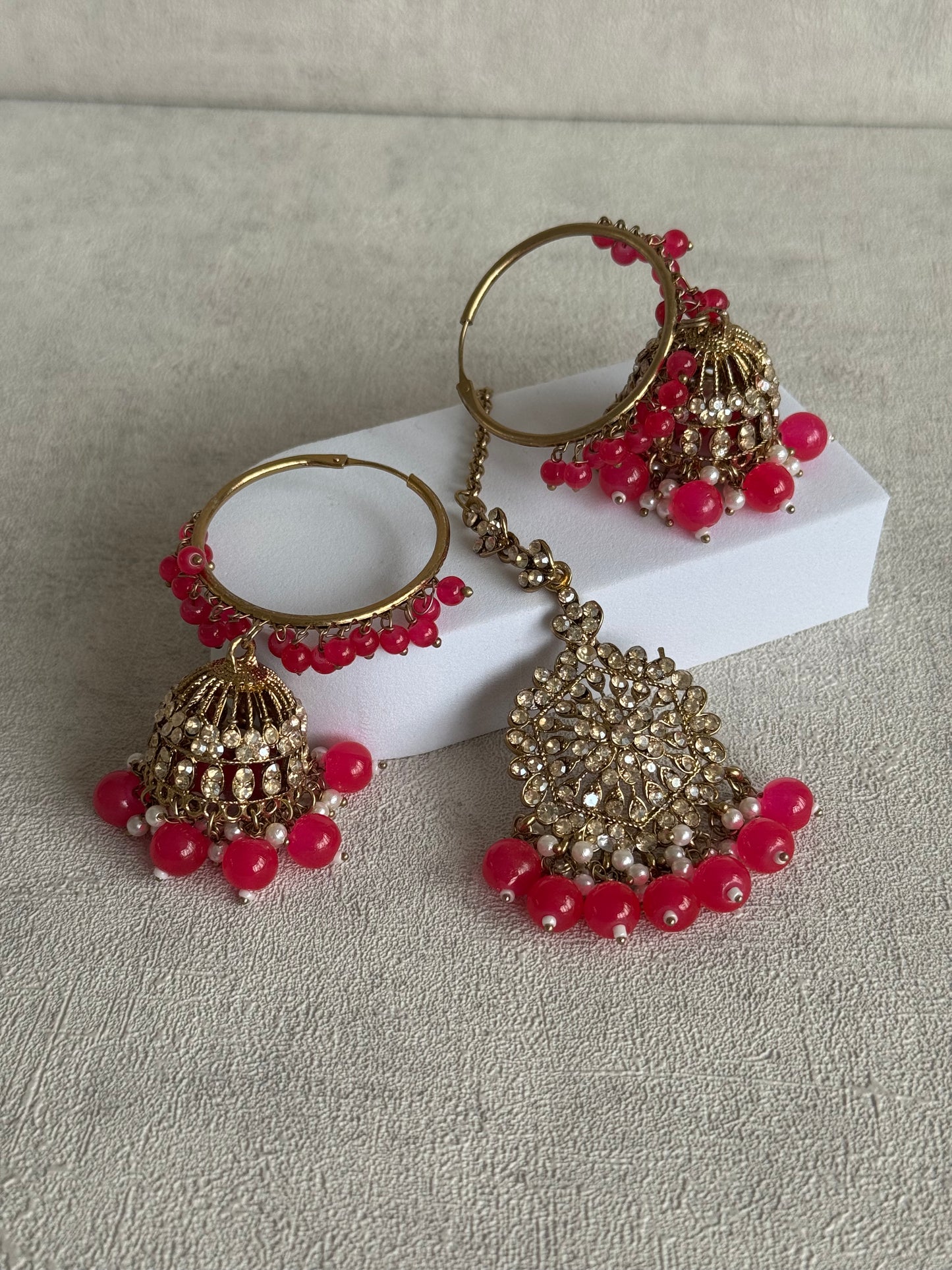 Ayura Designs Dastoor Tikka Set with Balis – Baby Pink Beads, Champagne Stones & Pearls