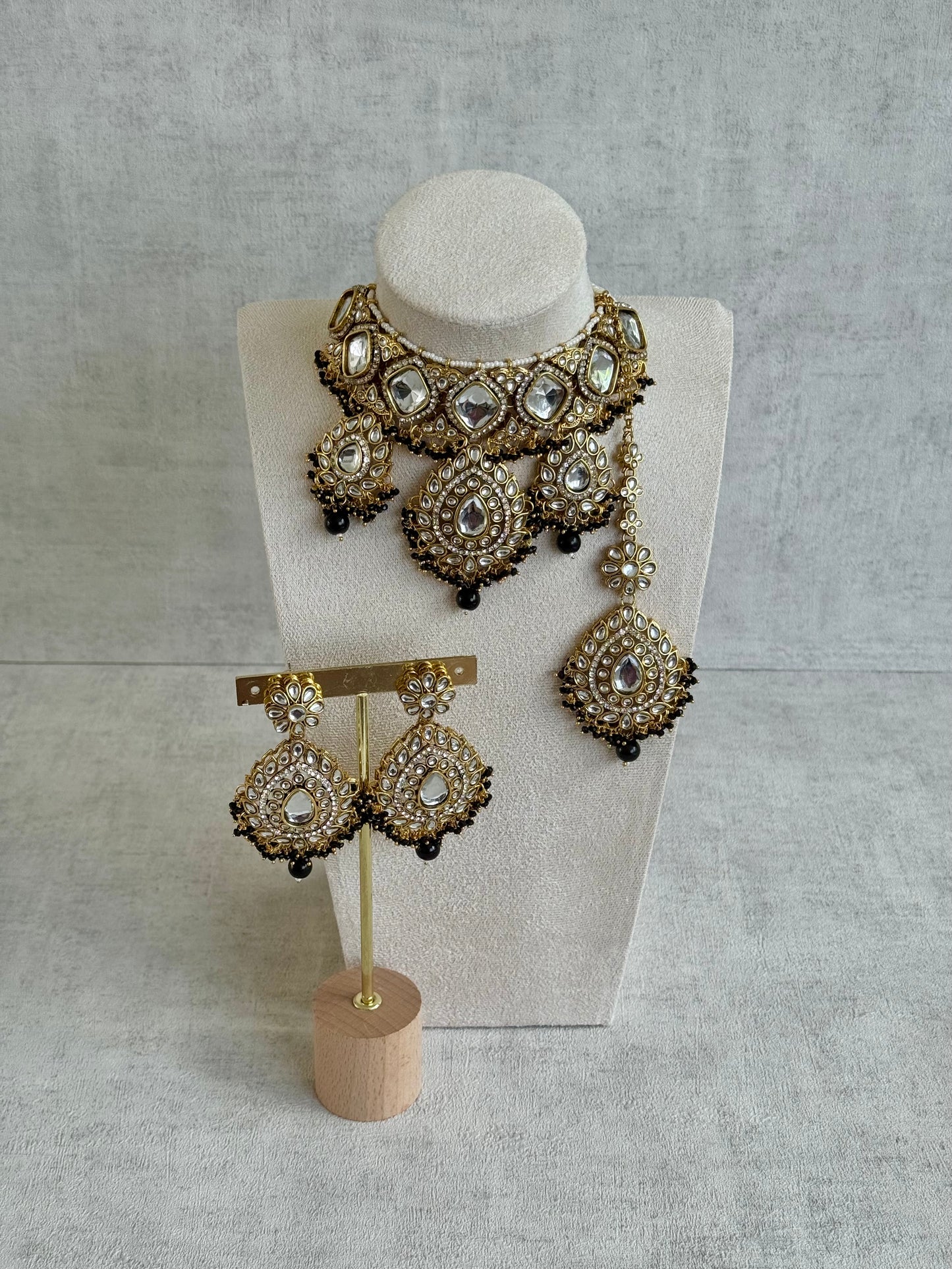 Ayura Designs Kirpa Choker Set with Earrings & Tikka – Mirror-Cut Stones & Black Beads