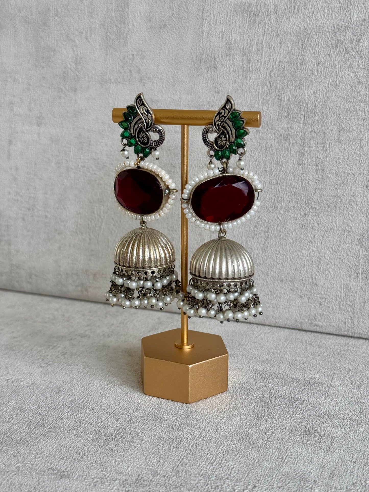 Ayura Designs Rhea Earrings – Ruby Red Stone, Green Enamel, Peacock Motif & Pearl Dome Drops