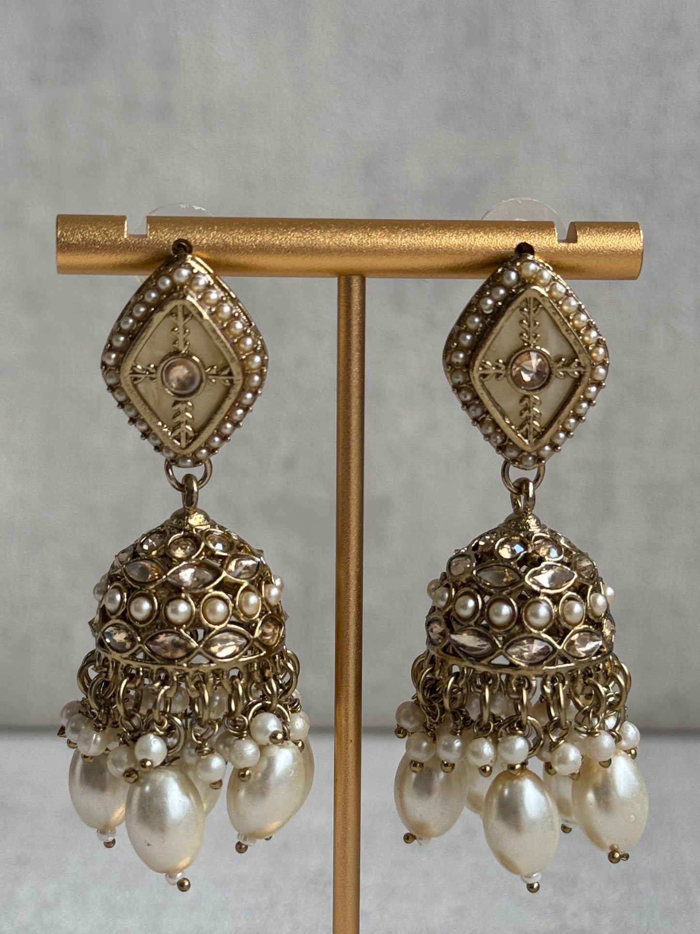 Ayura Designs Ariana Choker Set with Jhumkis – Kundan & Pearl in Antique Gold