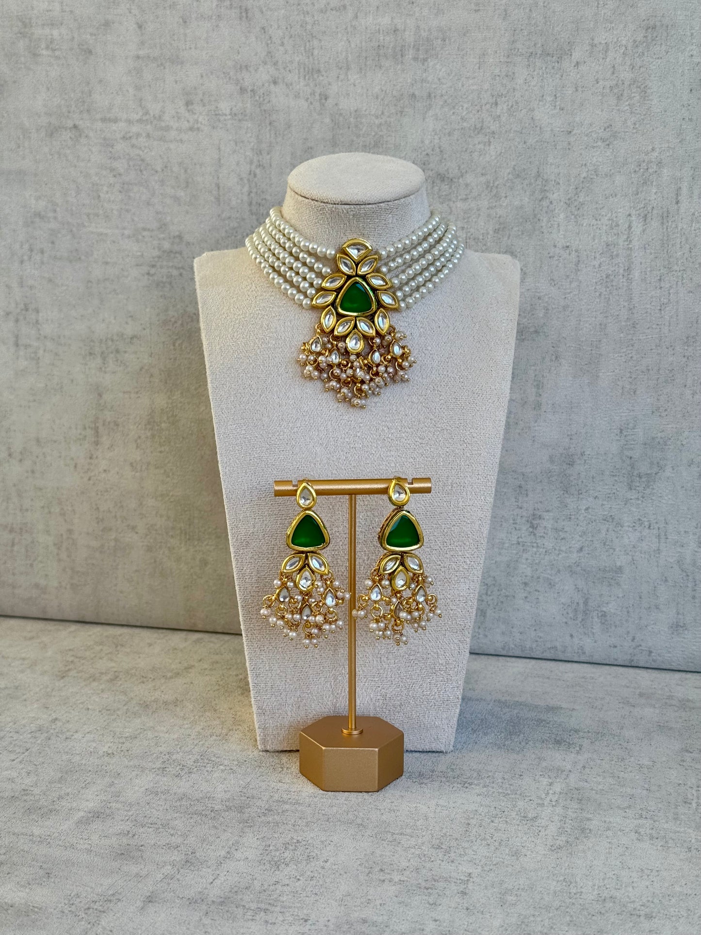 Ayura Designs Elina Set – Pearl Choker & Earrings with Green Stone Centerpiece and Kundan Detailing
