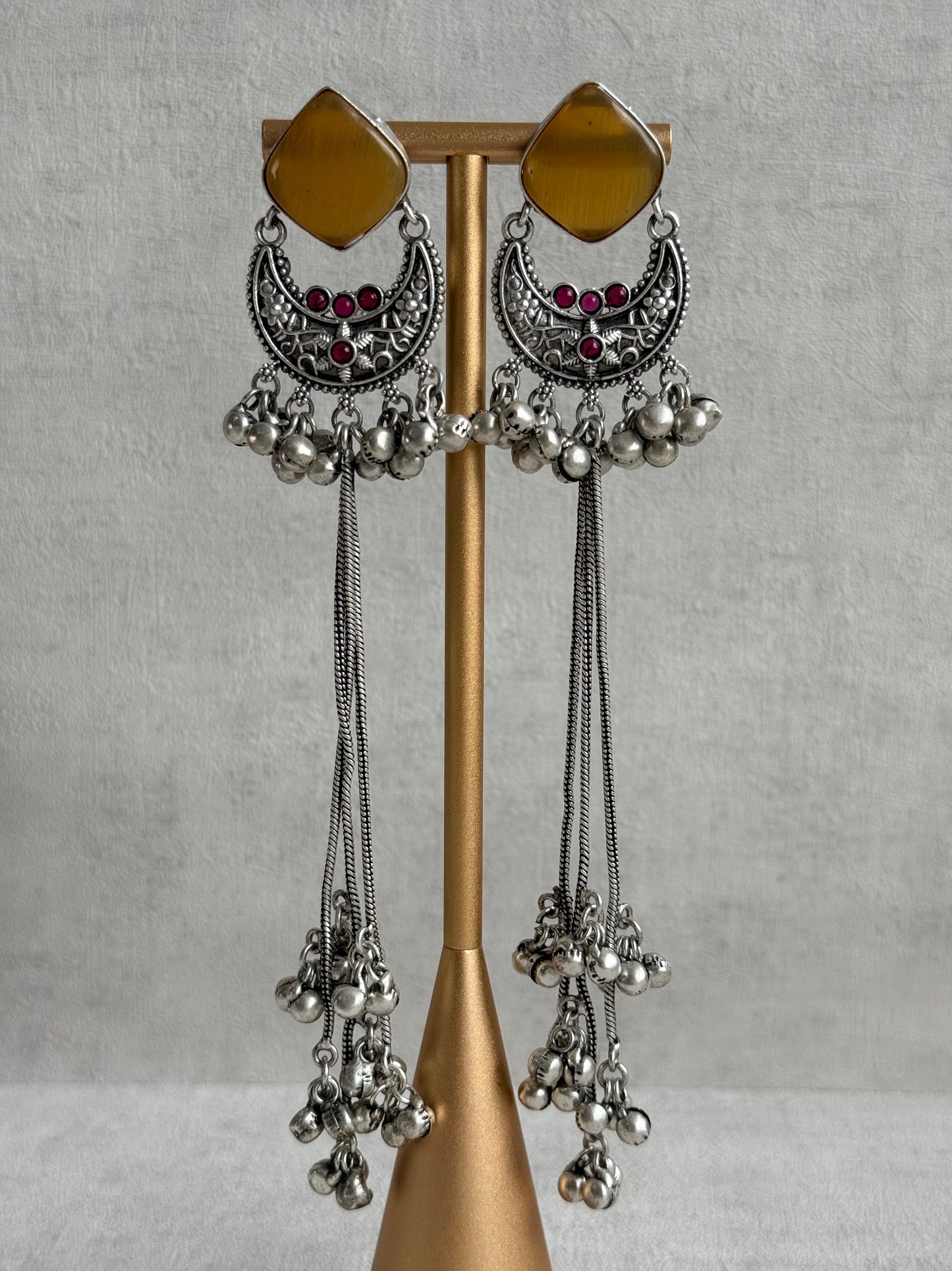 Ayura Designs Zarfa Earrings – Oxidised Earrings with Amber Stones, Hanging Ghungroo Chains & Crescent Detailing