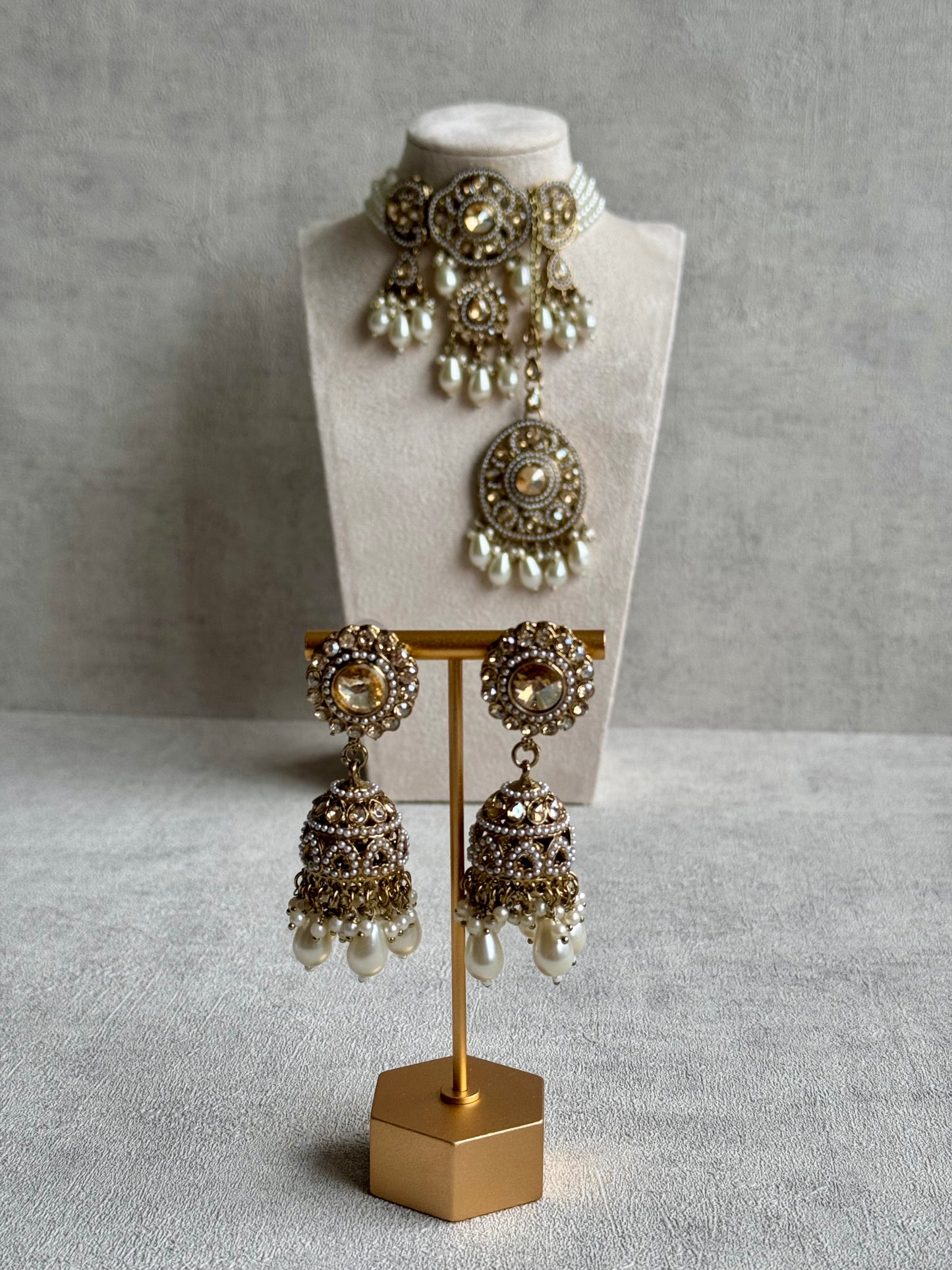 Ayura Designs Azhar Choker Set with Jhumkis & Tikka – Champagne Gold, White Pearls, Polki with Champagne Stones