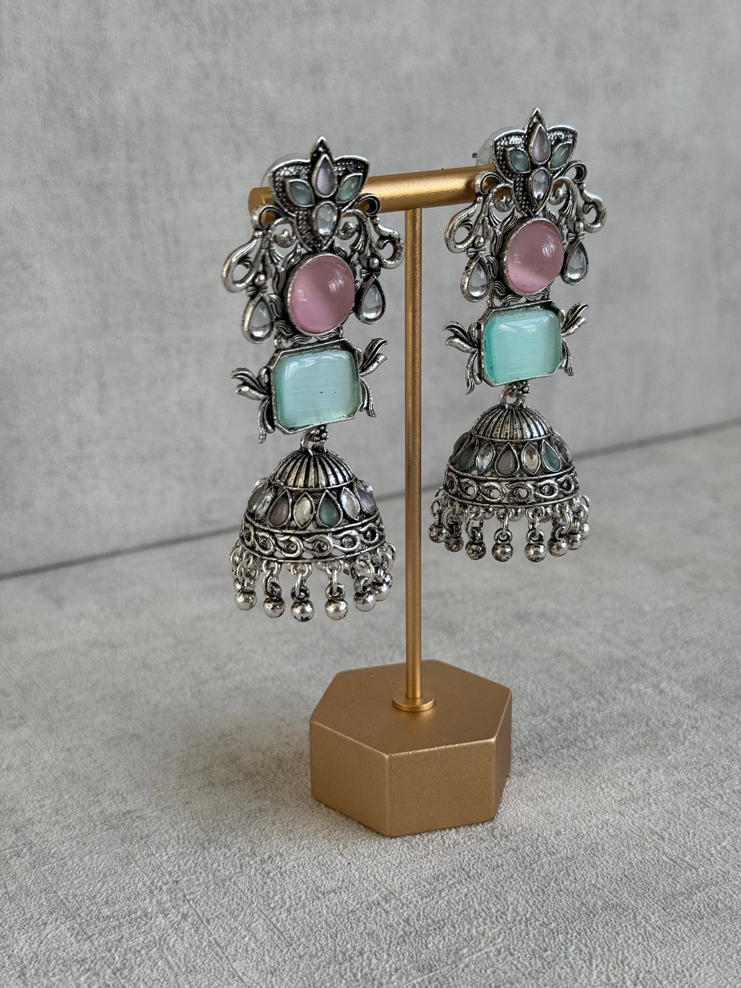 Ayura Designs Noorani Earrings – Oxidised Silver with Pastel Pink & Mint Green Stones, Kundan Detailing & Enamelled Jhumkis