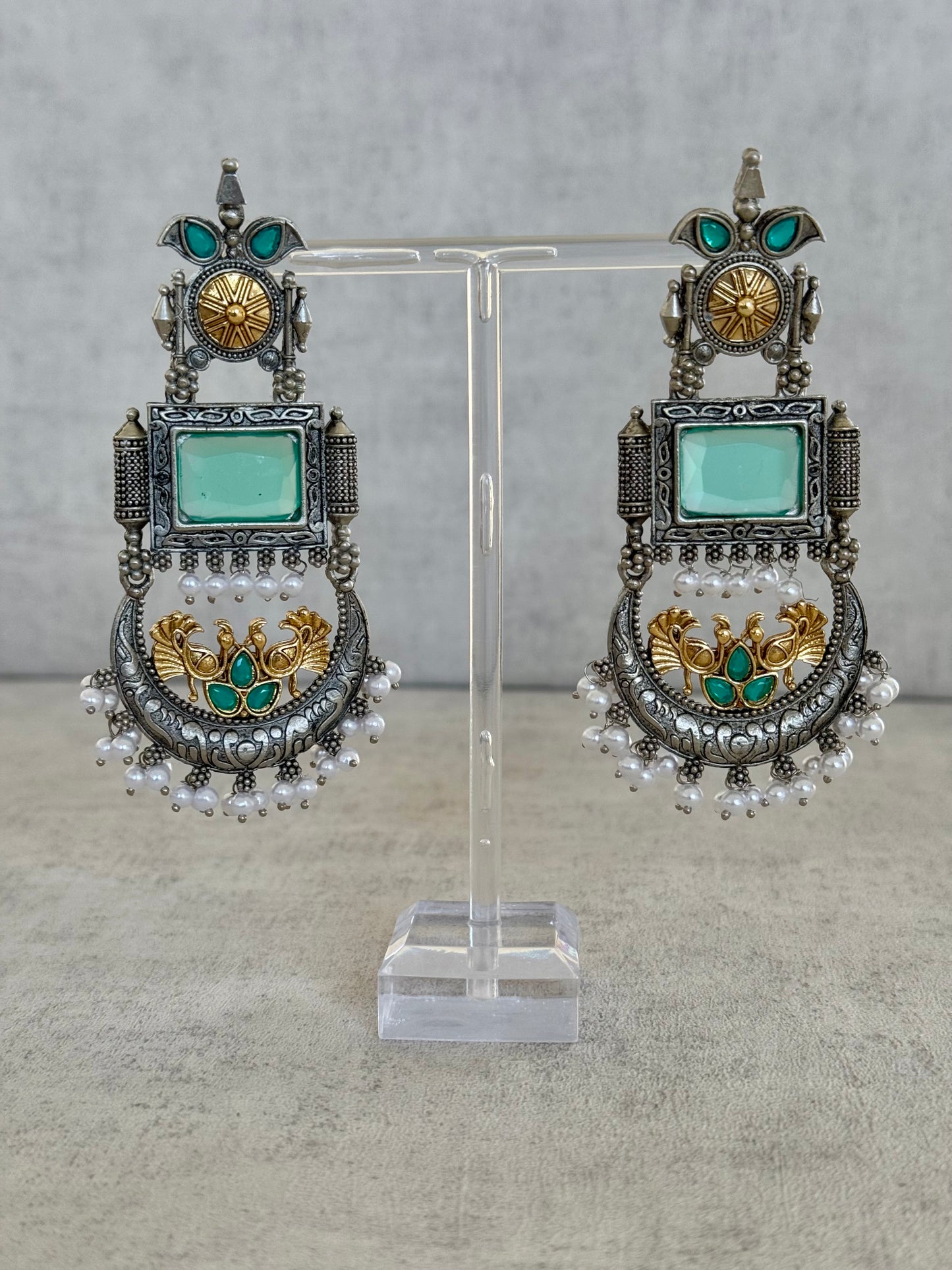 Ayura Designs Fasha Earrings – Oxidized Silver & Gold Dual-Tone Earrings with Aqua Stones, Emerald Accents and Pearl Drops