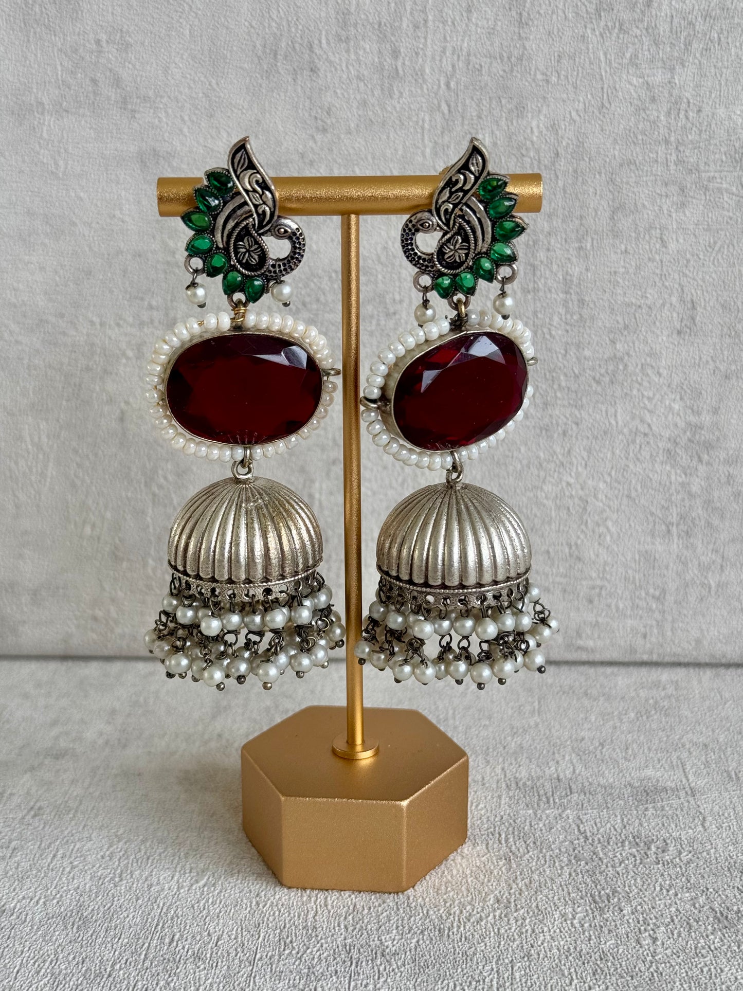 Ayura Designs Rhea Earrings – Ruby Red Stone, Green Enamel, Peacock Motif & Pearl Dome Drops