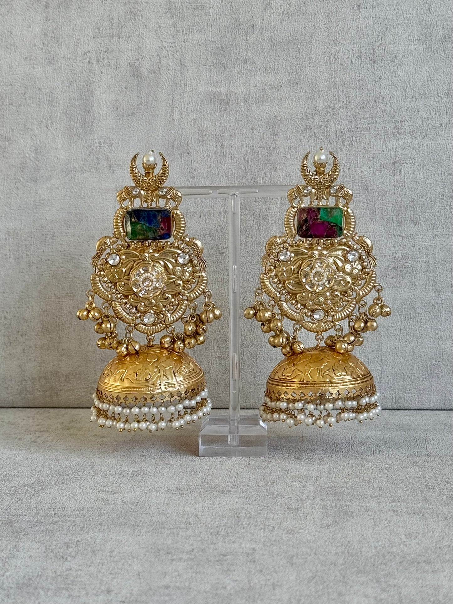 Ayura Designs Adeeba Earrings – Antique Gold Temple Jhumkas with Multicolour Stone Accent & Pearl Drops
