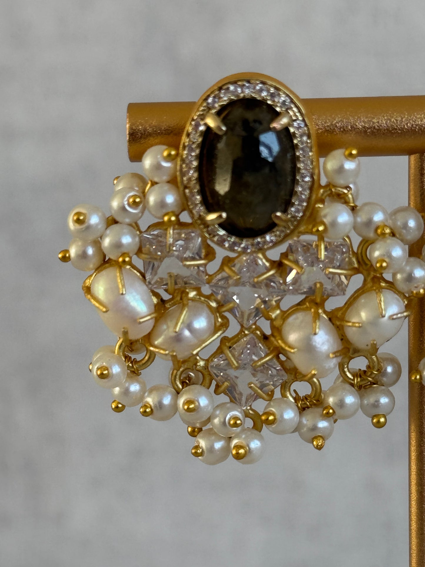 Ayura Designs Celeste Earrings – Dark Quartz, Baroque Pearls & Crystals