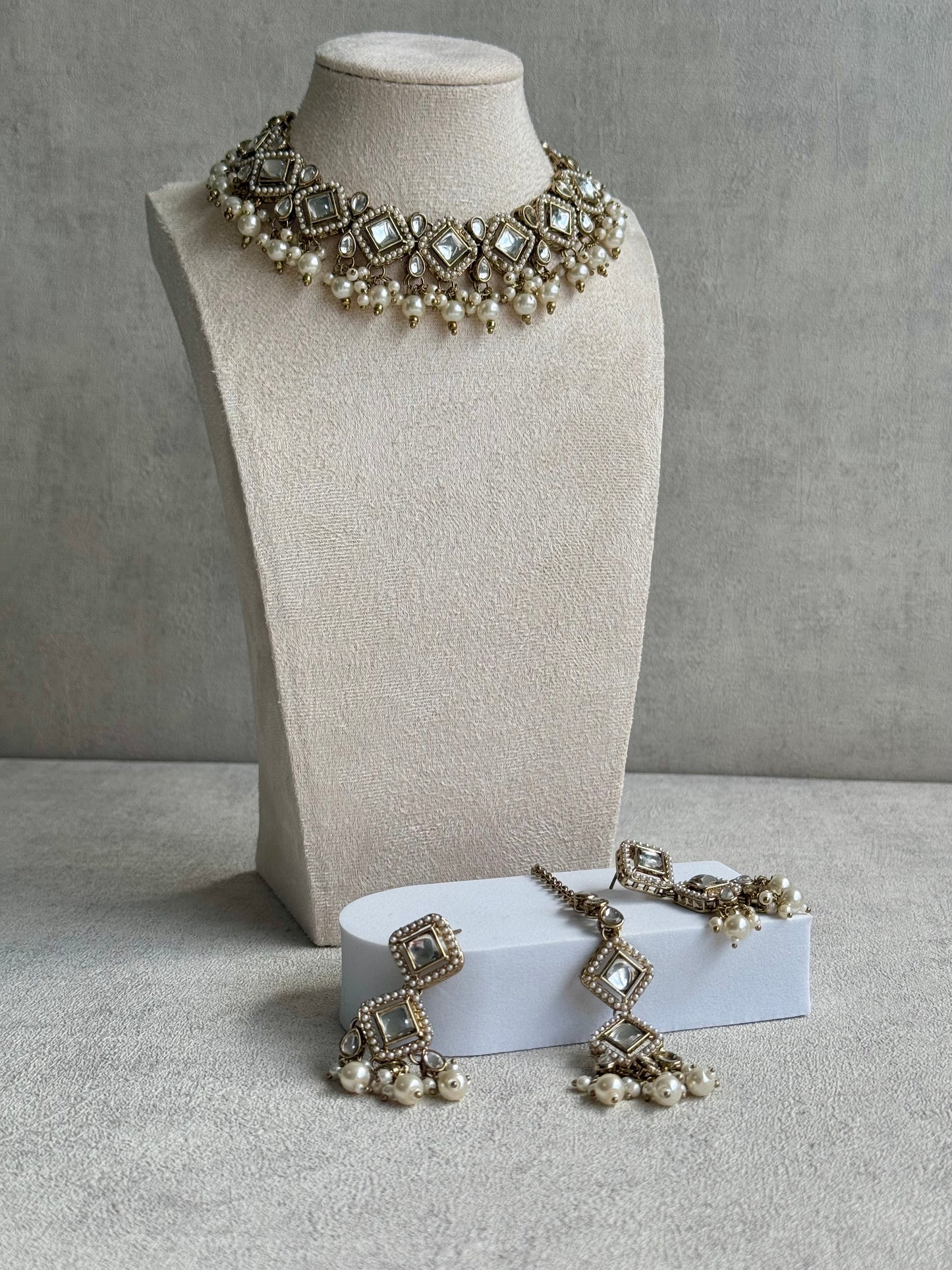 Ayura Designs Talia Set with Earrings & Tikka – Champagne Gold, Kundan & Pearls