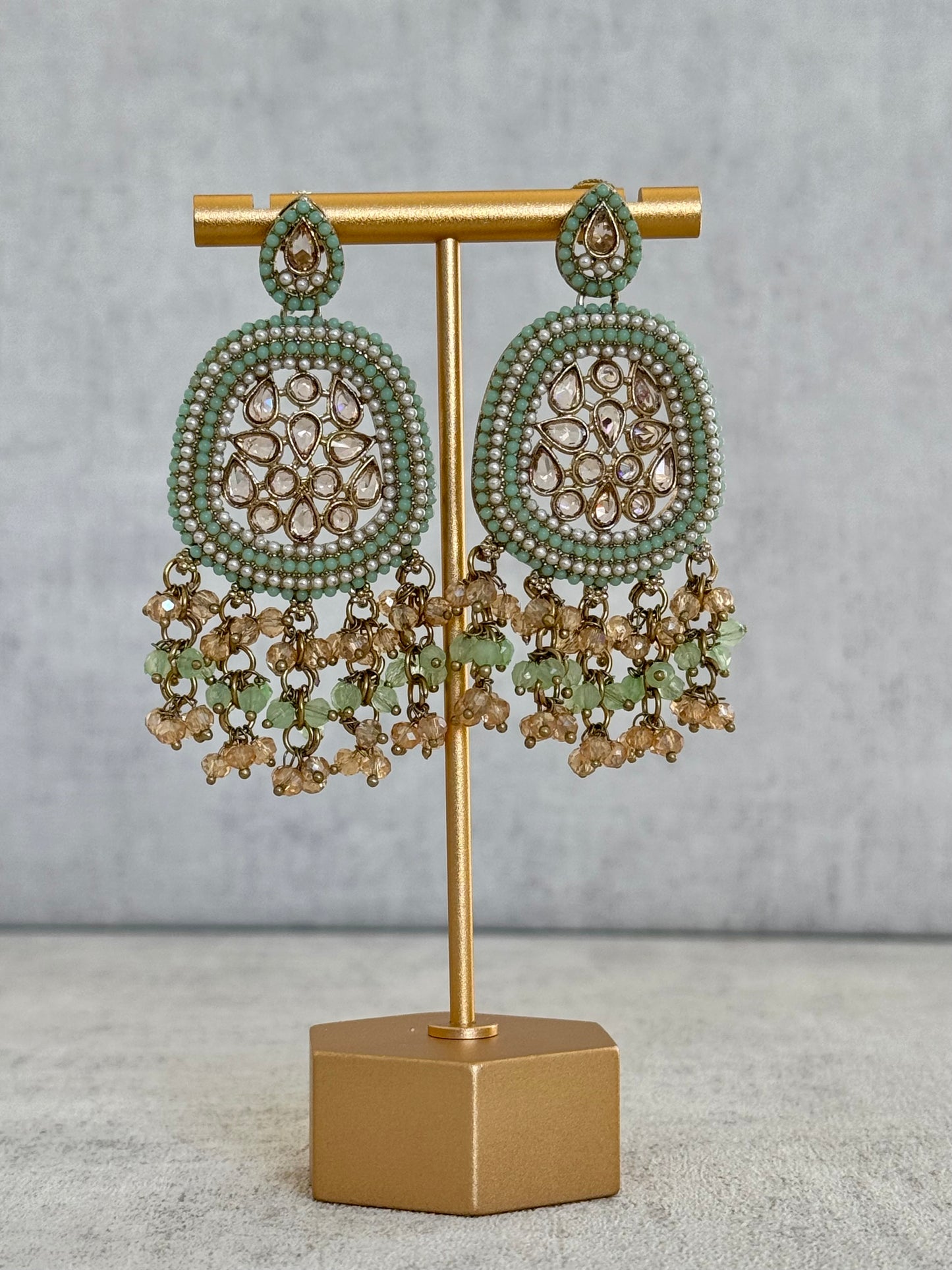 Ayura Designs Geela Earrings – Mint Green & Champagne Kundan Statement Earrings