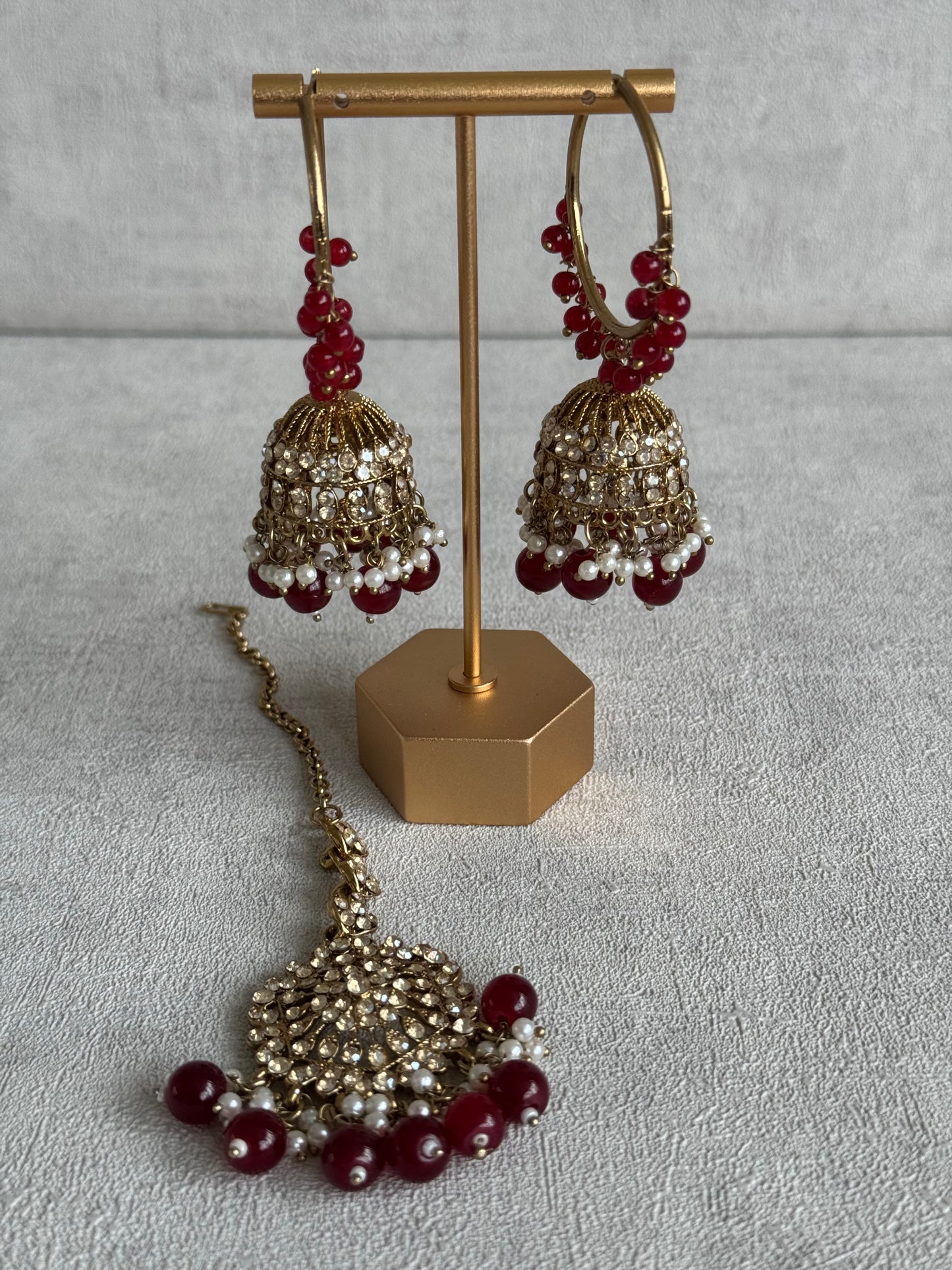 Ayura Designs Dastoor Tikka Set with Balis – Deep Maroon Beads, Champagne Stones & Pearls