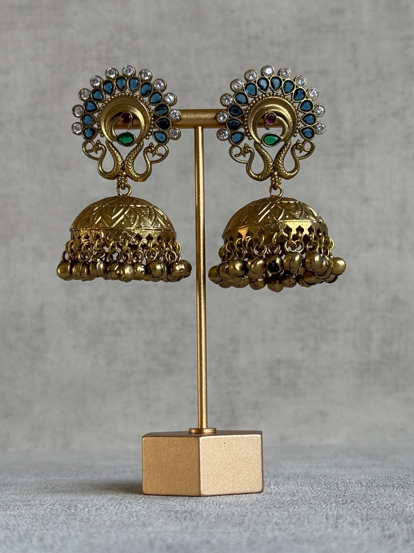 Ayura Designs Moraya Jhumkis – Ink Blue Peacock Motif with Antique Gold Detailing