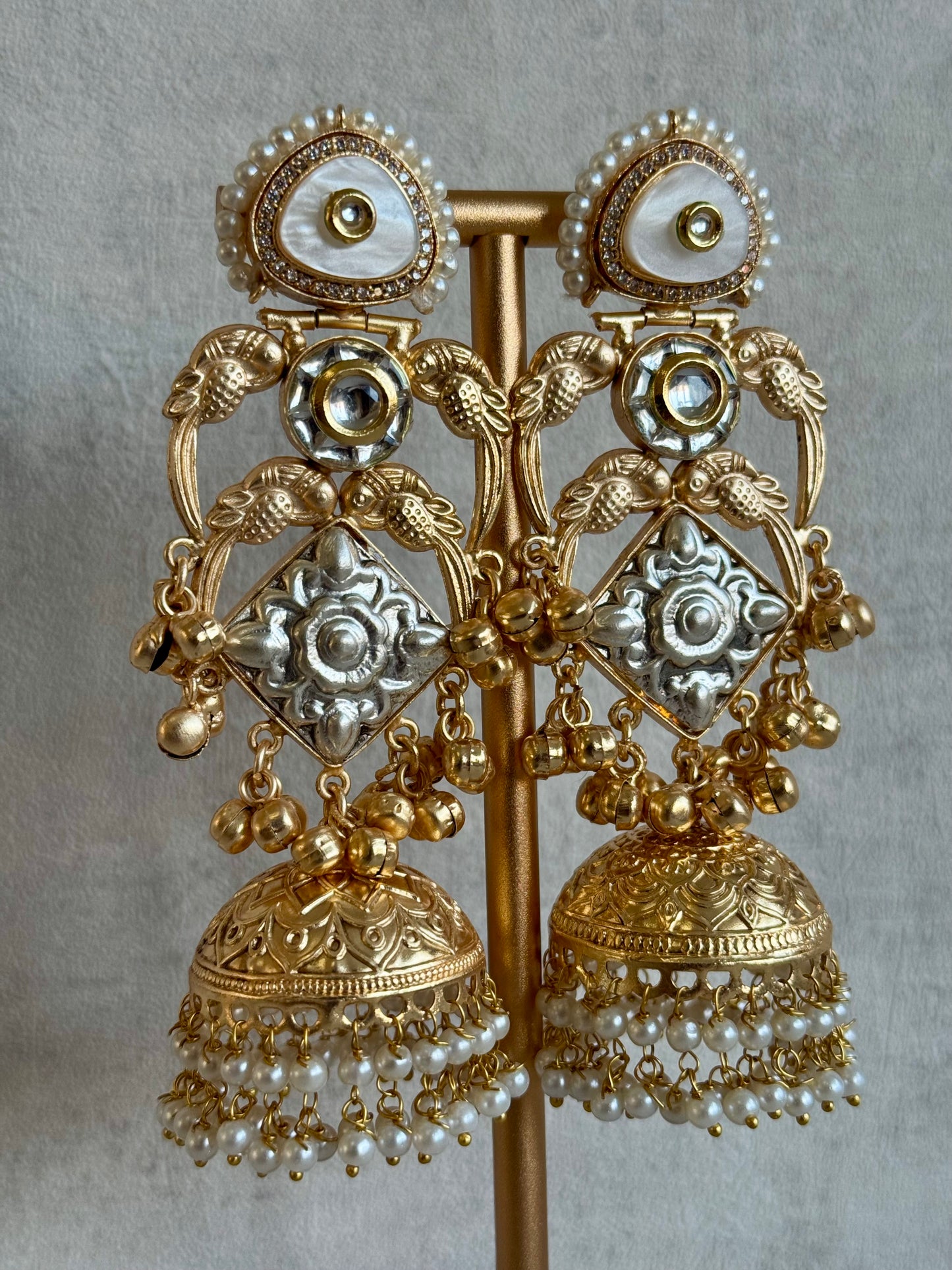 Ayura Designs Zaqsa Earrings – Dual-Tone Antique Gold & Silver Jhumkas with Bird Motifs, Kundan Accents & Pearl Drops