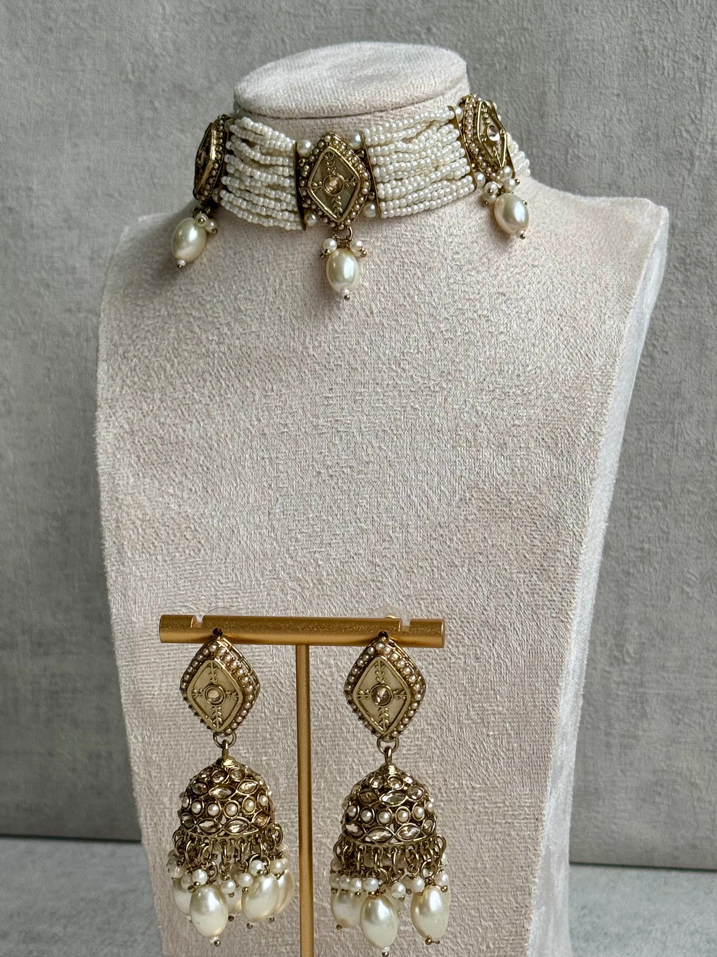 Ayura Designs Ariana Choker Set with Jhumkis – Kundan & Multicolor Beads in Antique Gold