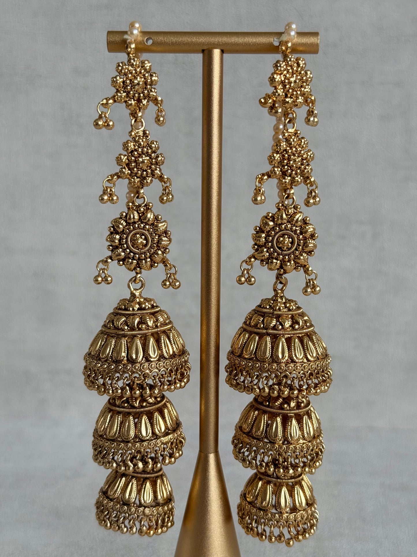 Ayura Designs Preet Sahare Jhumkis – Antique Gold Finish with Triple Dome Design