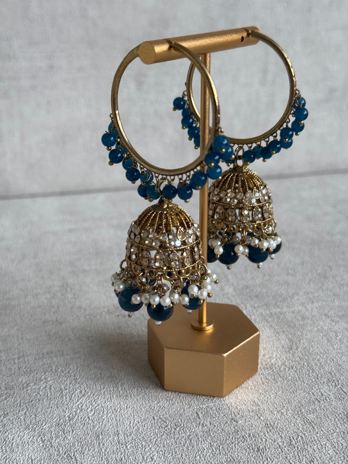 Ayura Designs Dastoor Tikka Set with Balis – Midnight Blue Beads, Champagne Stones & Pearls