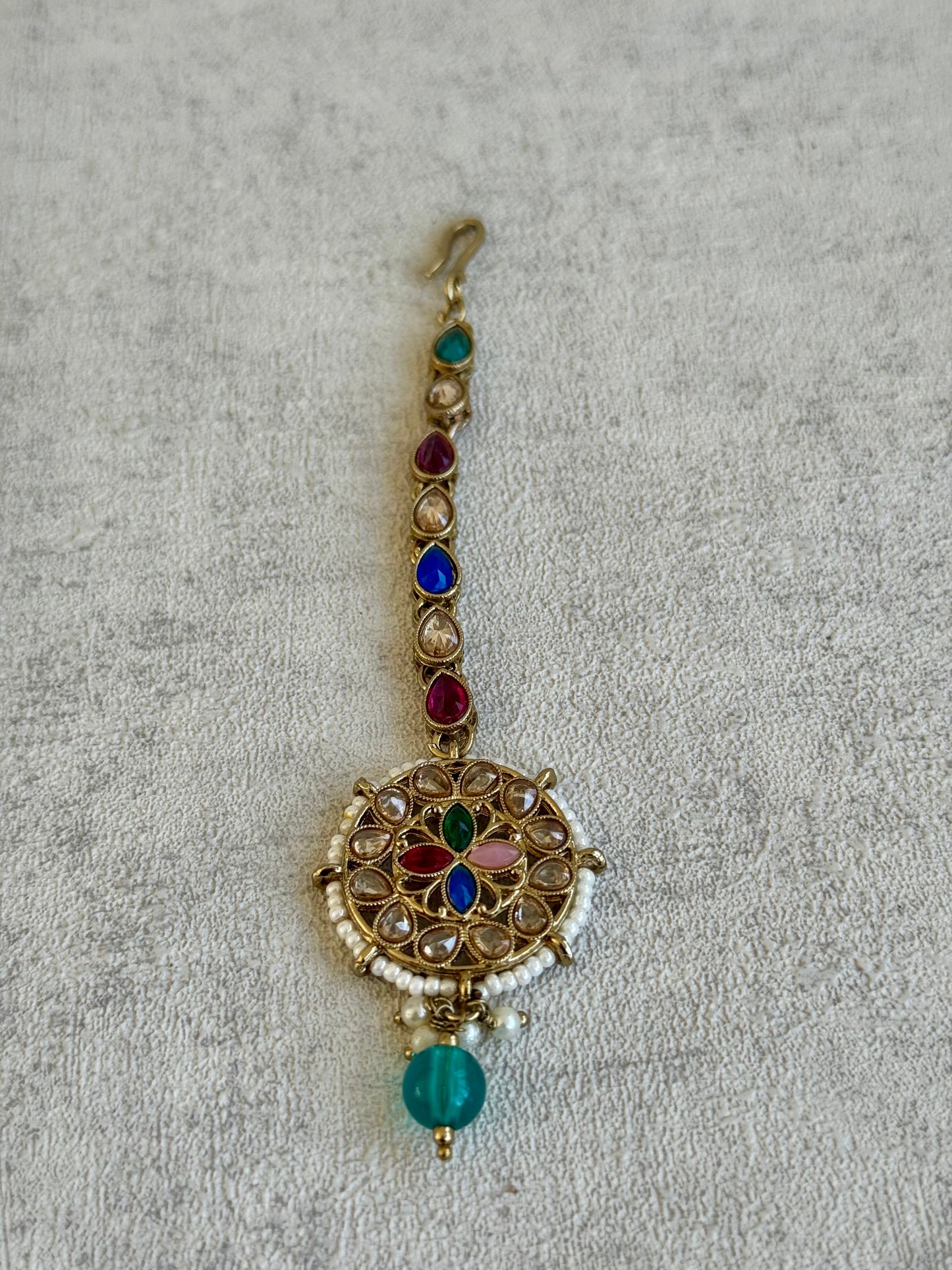Ayura Designs Ifrah Tikka Set with Studs – Multicolour Stones, Kundan Work & Gold Finish