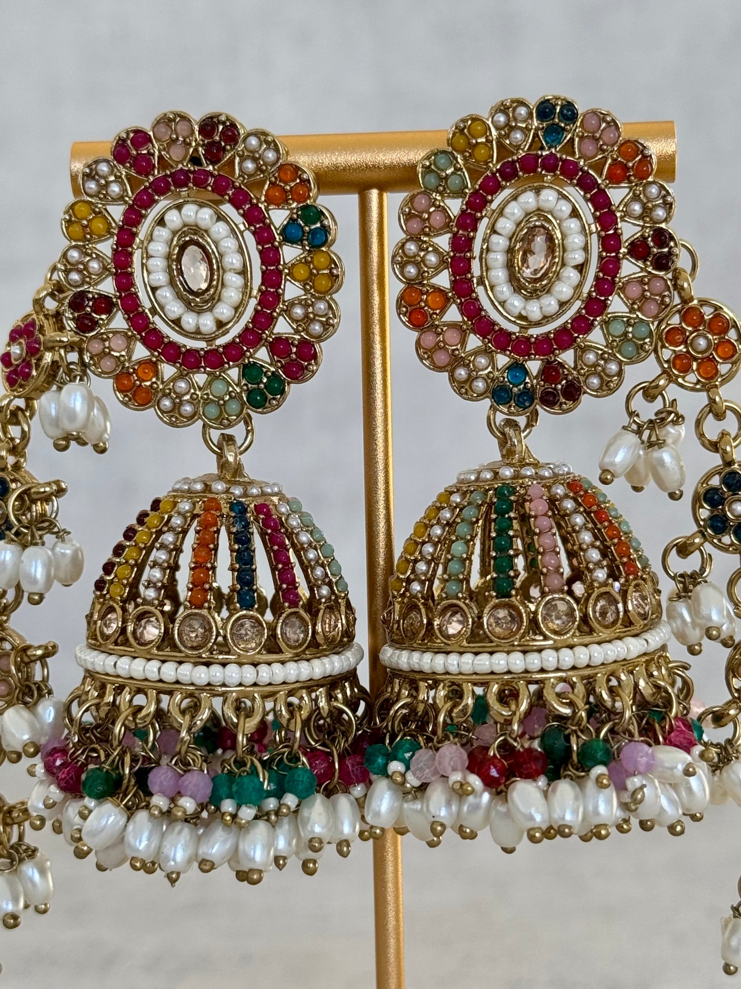 Ayura Designs Satrang Jhumkis – Kundan & Pearl with Multicolor Beaded Sahare