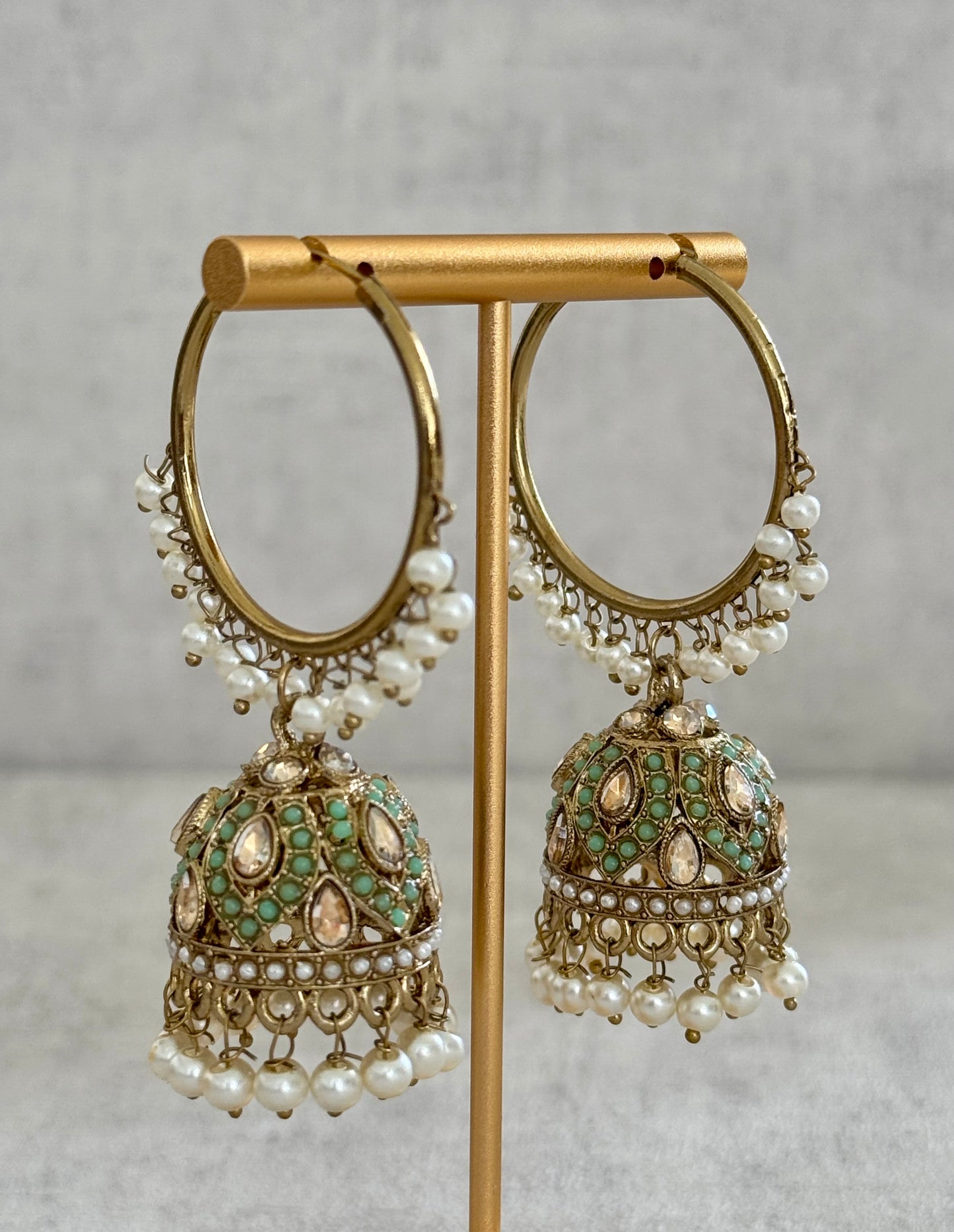 Ayura Designs Jugni Bali Jhumkas – Antique Gold with Deep Plum Beads