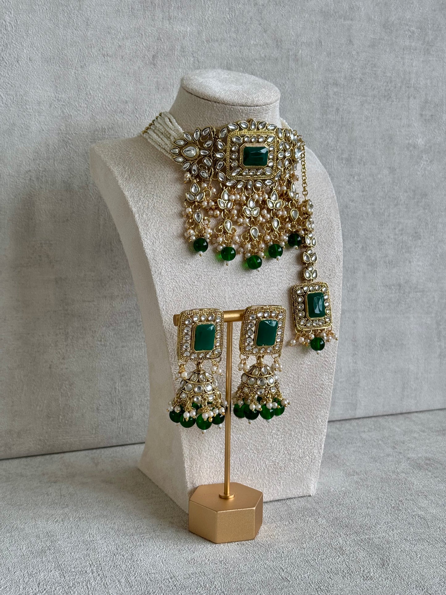 Ayura Designs Maya Set with Jhumkis & Tikka – Emerald Green Stones & Kundan Detailing