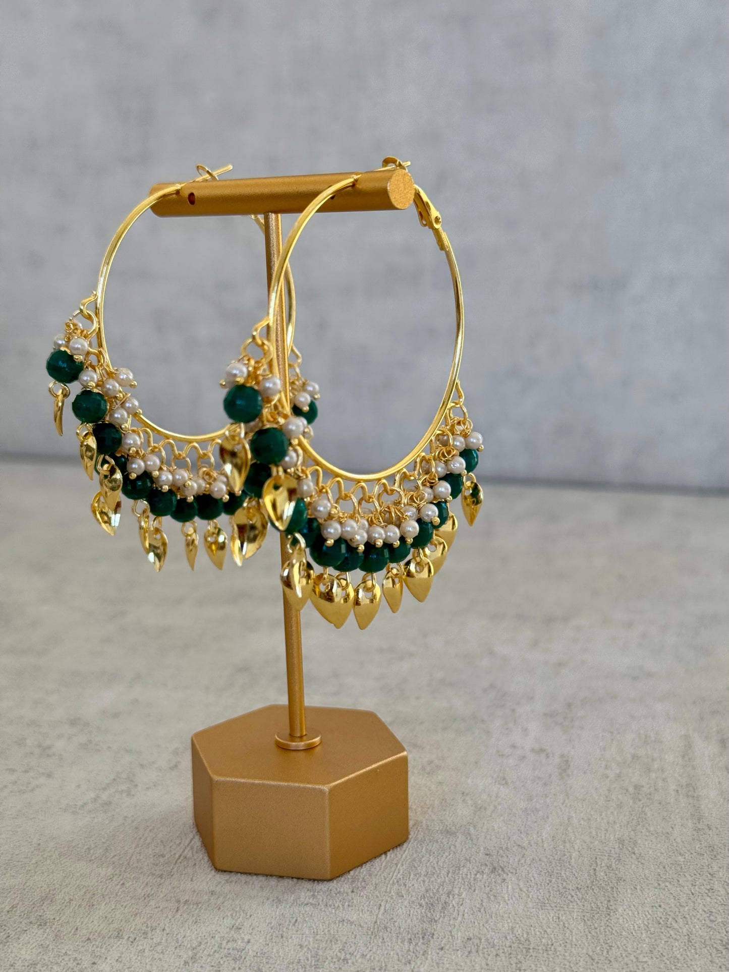 Ayura Designs Riwaaz Bali – Emerald Green Beaded Hoops with Gold Leaf Charms