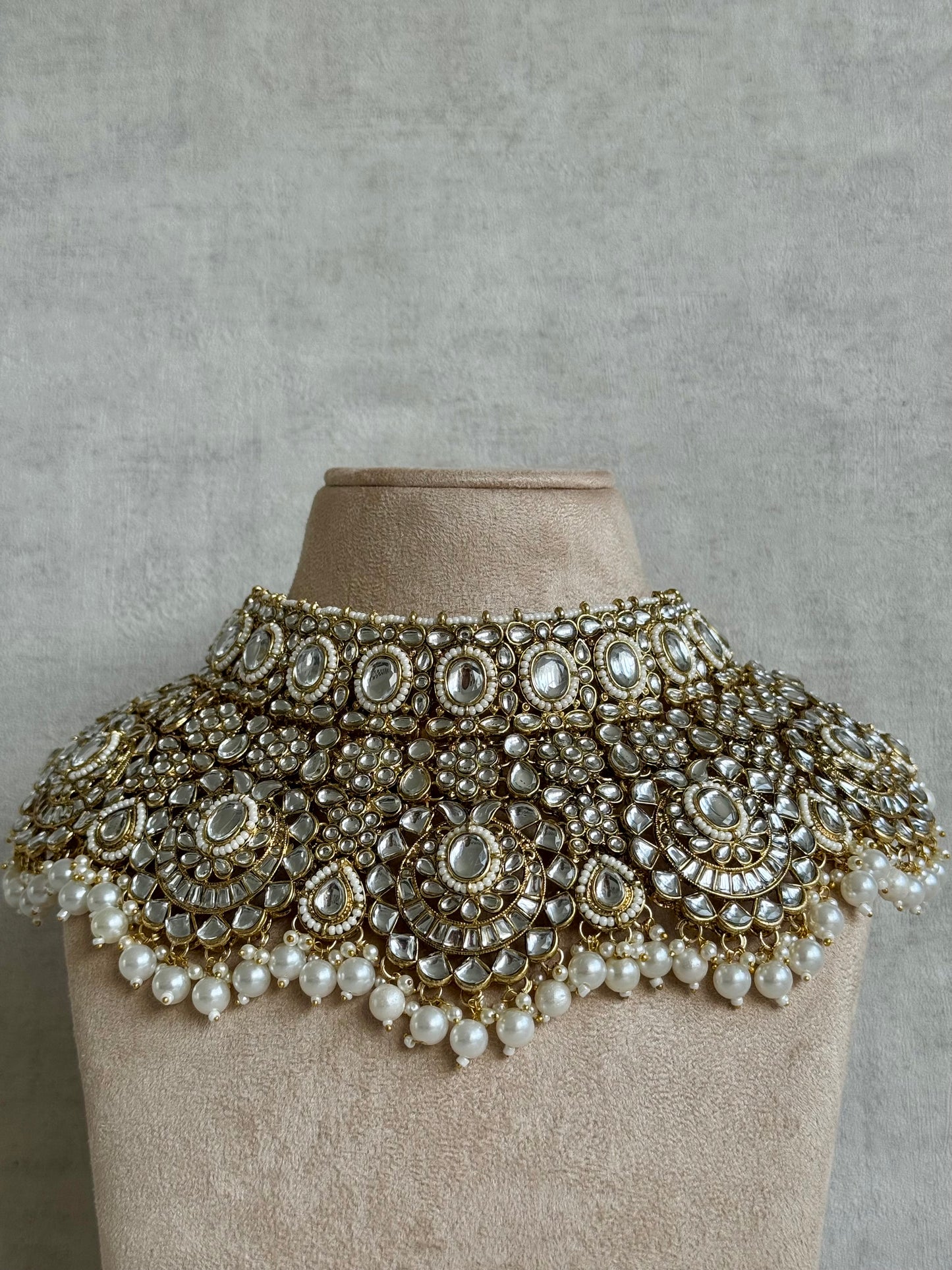 Ayura Designs Meherbano Bridal Set with Necklace, Jhumkis, Tikka, Nath, Ring & Sheeshphool – Mirror-Cut Stones with Pearl Detailing