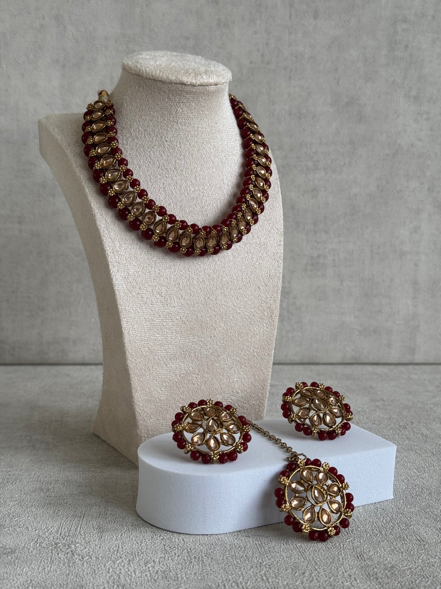 Ayura Designs Hala Set with Tikka & Studs – Maroon Beads & Champagne Kundan