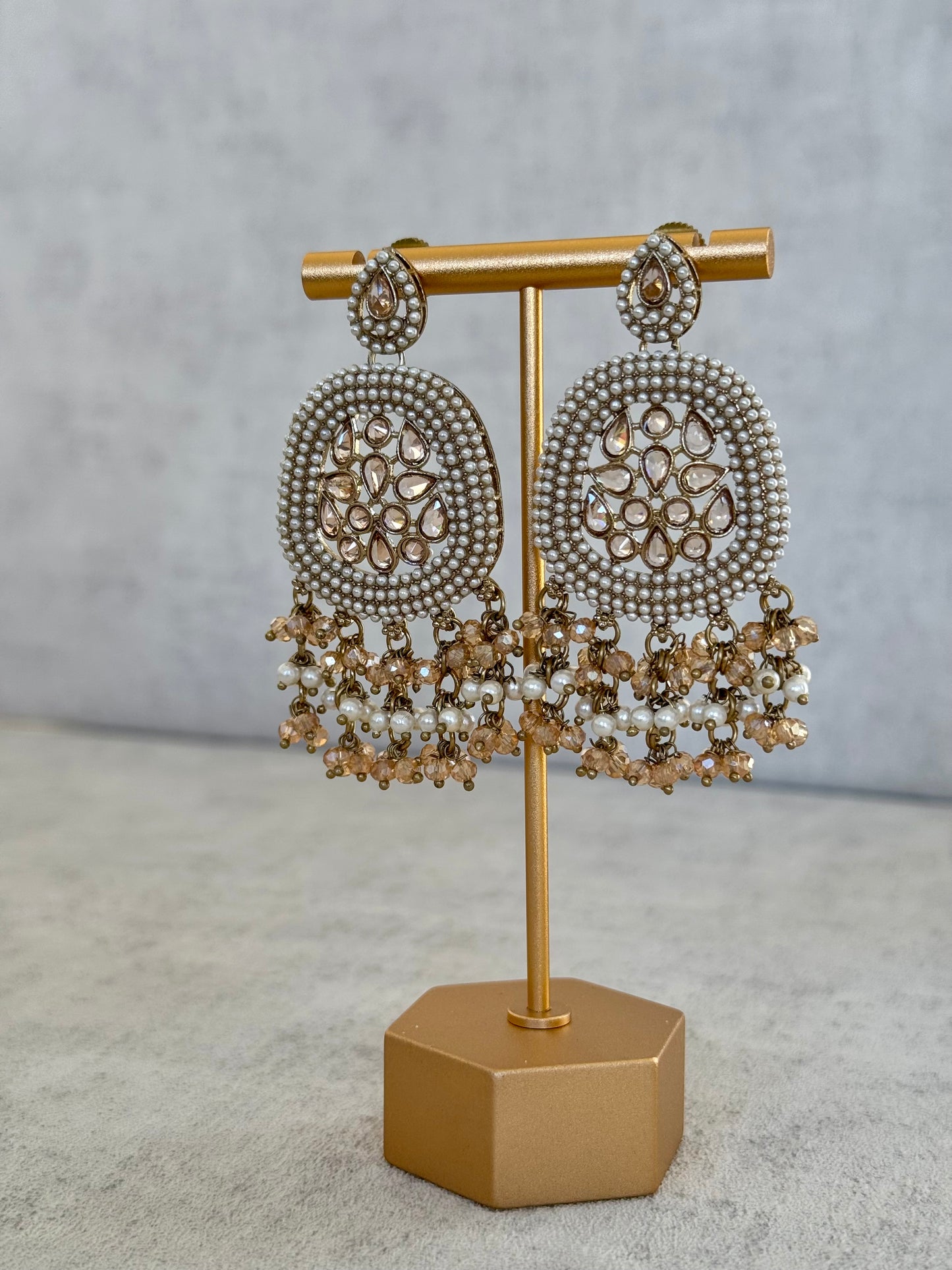 Ayura Designs Geela Earrings – Pearl & Champagne Kundan Statement Earrings