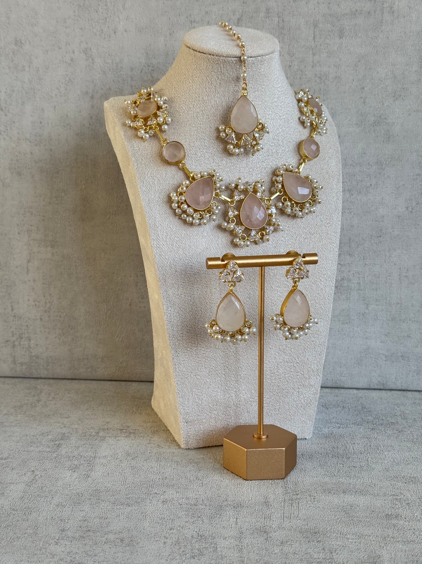 Ayura Designs Rosa Set with Tikka & Earrings – Rose Quartz, Crystals & Pearls