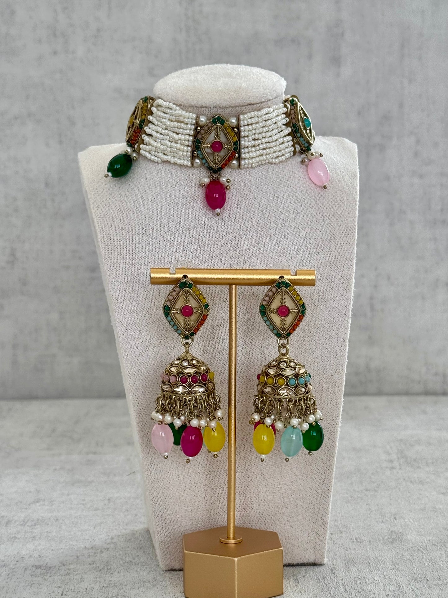 Ayura Designs Ariana Choker Set with Jhumkis – Kundan & Pearl in Antique Gold