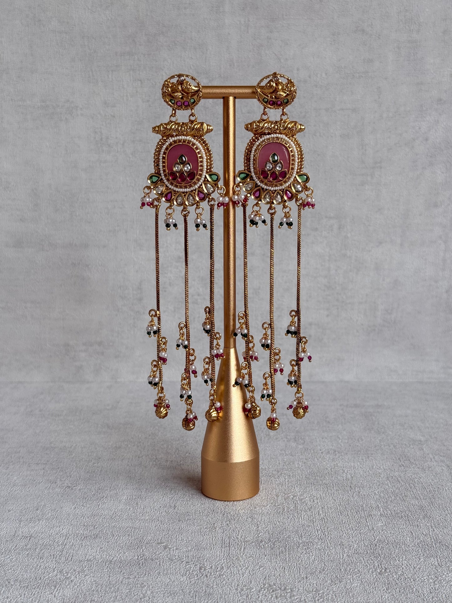 Ayura Designs Kaveri Earrings – Gold Long Chain Drop Earrings with Kundan, Pearls & Ghungroo Detailing – Rose Pink