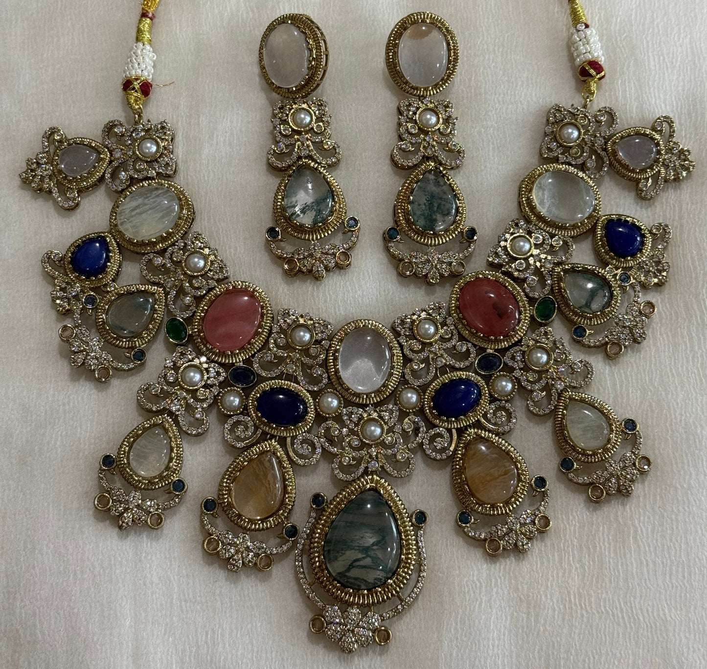 Ayura Designs Kimmy Necklace Set with Earrings – Statement Multicolour Necklace with Marble Stone Details & Crystal Work