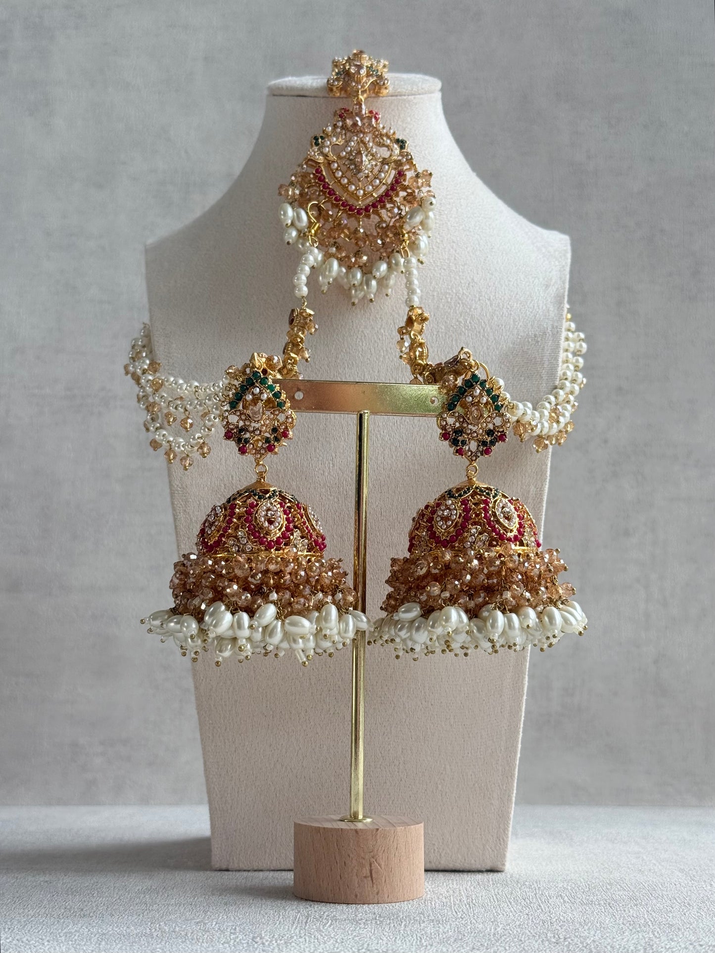 Ayura Designs Safia Tikka Set with Sahare Earrings – Champagne Crystals with Ruby & Emerald