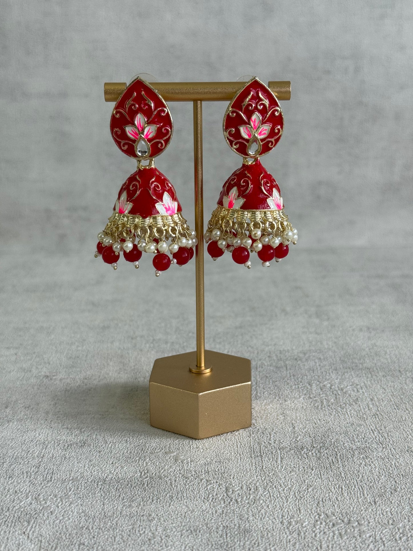 Ayura Designs Gia Jhumkis – Red Meenakari with Pink Lotus Motifs & Ivory Pearl Drops